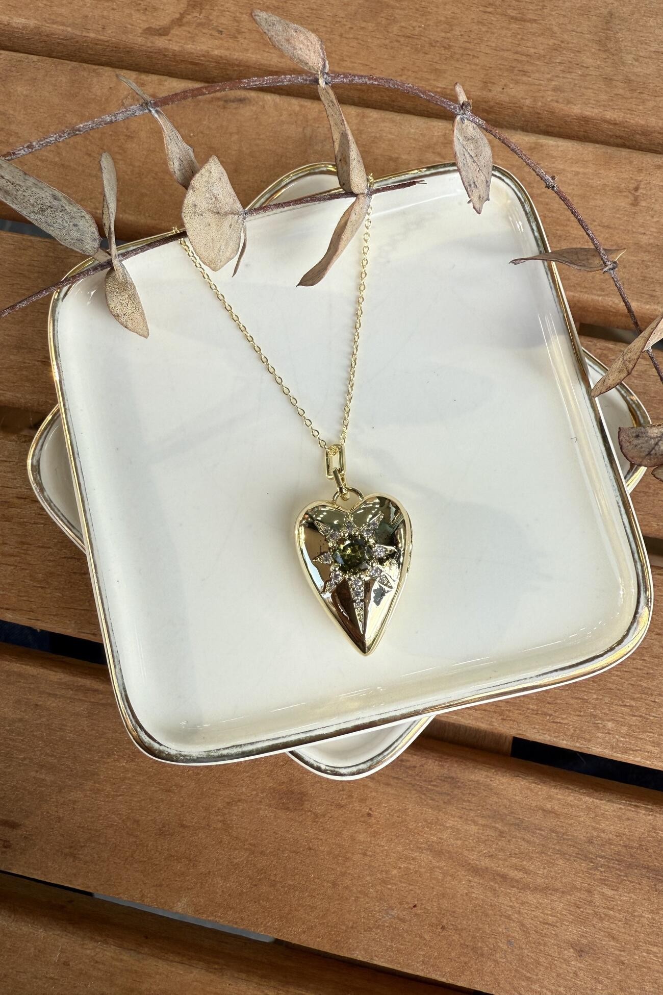 14K Altın Kaplama Kalp Üzeri Yeşil Taşlı Madalyon Kolye Gold 55cm