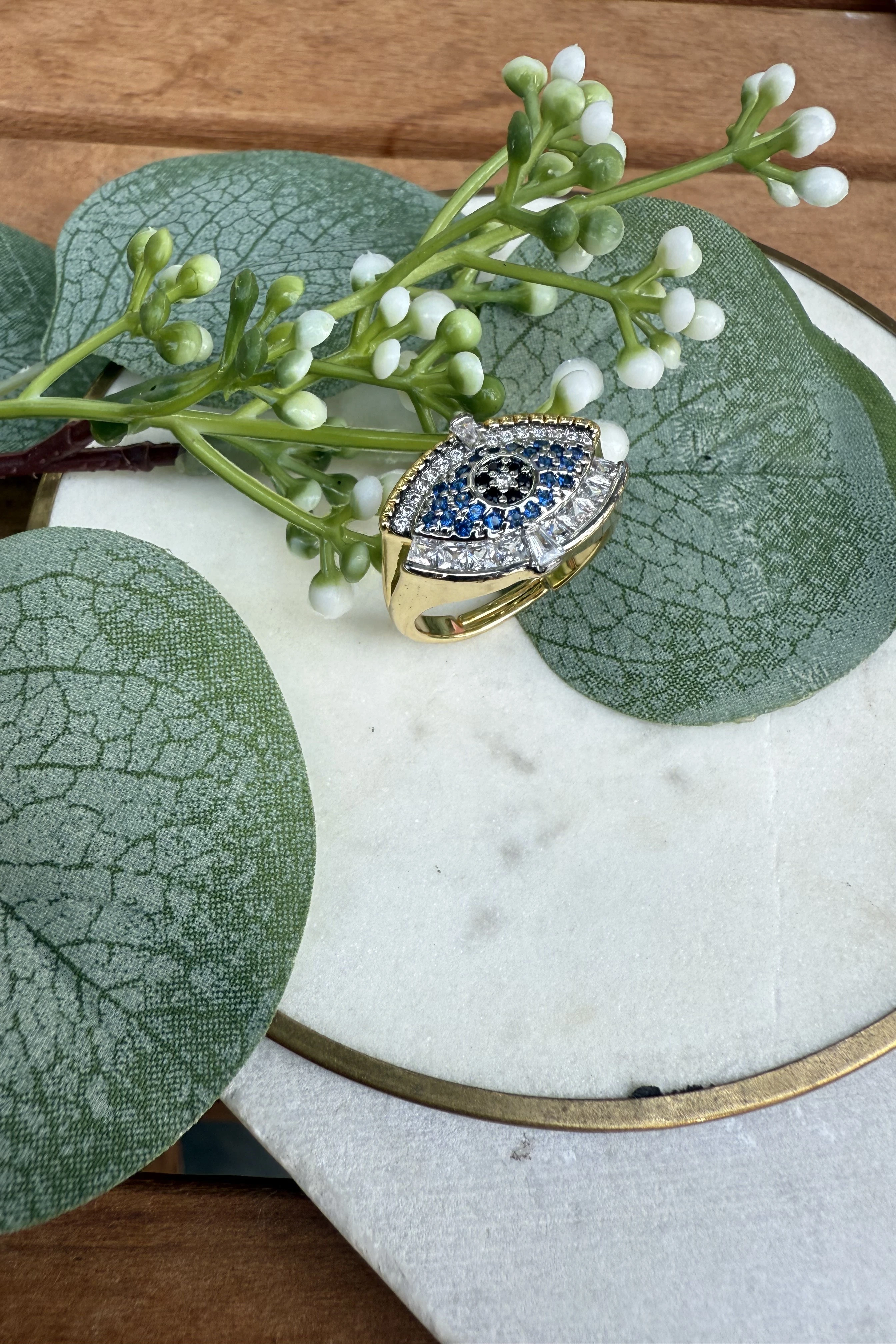 14K Altın Kaplama Baget Taş Ortası Mavi Göz Yüzük