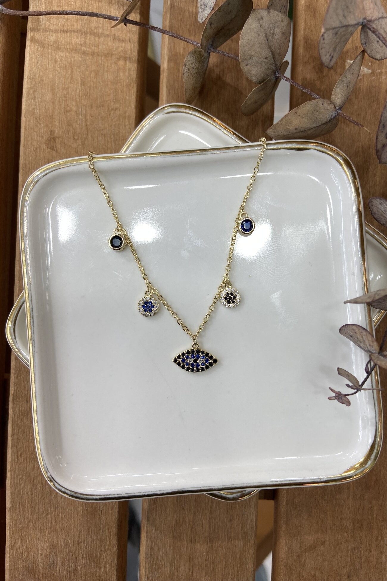 14K Altın Kaplama Gözler Minimal Kolye 46cm
