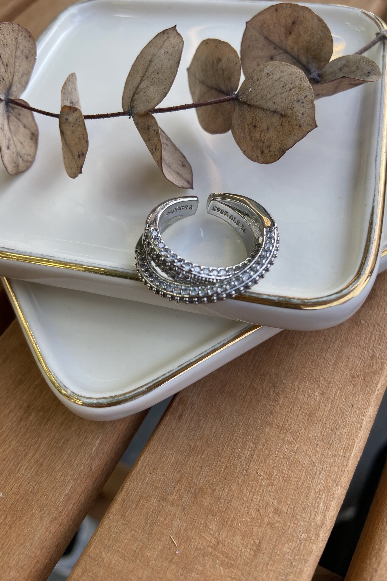 14K Altın Kaplama Taşlı İkili Marka Yüzük Silver