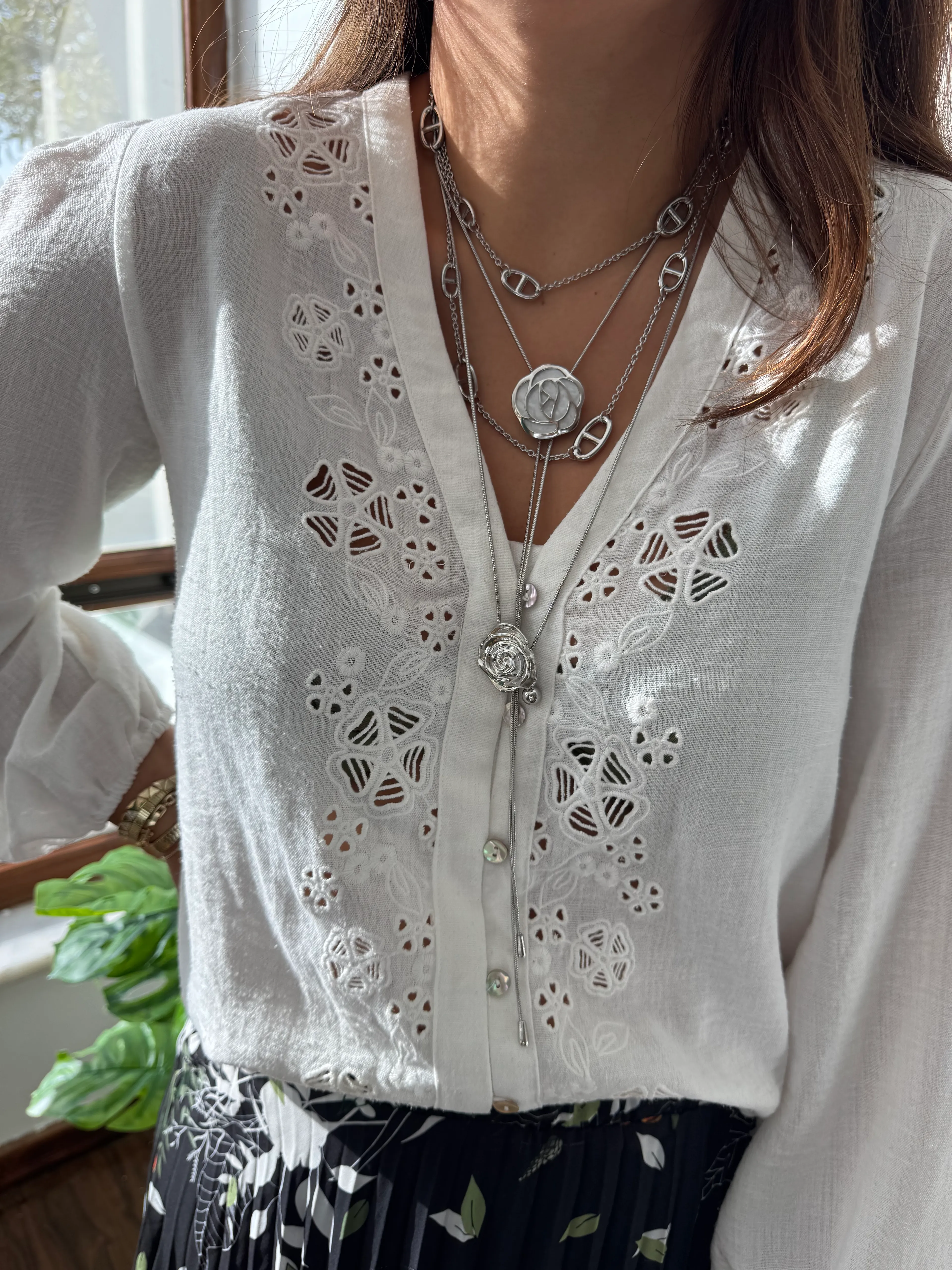 14K Altın Kaplama Sedeflİ Gül Kabartılı Asansörlü Kolye Silver 90cm