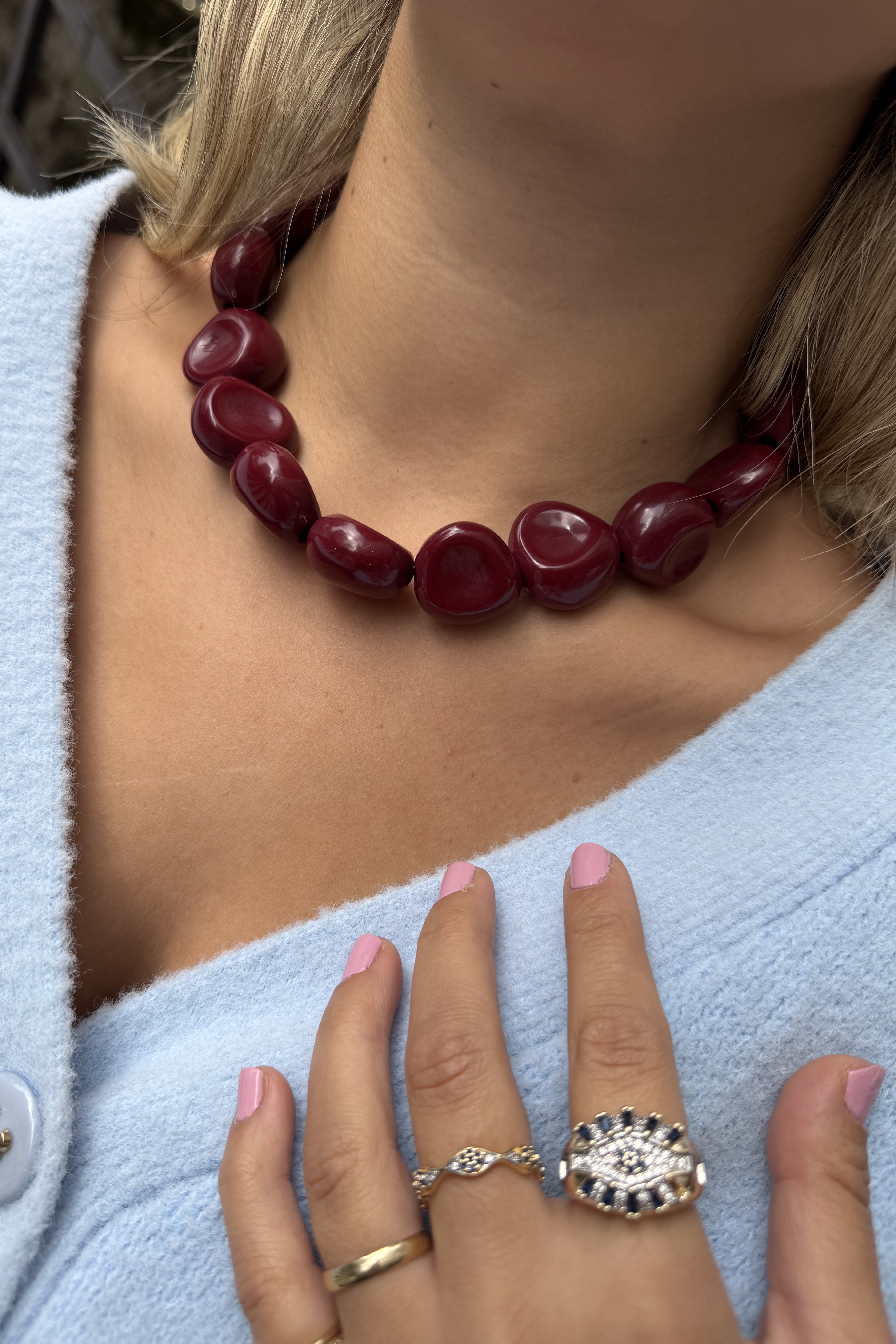 ZR Model İri Bordo Taşlı Kolye 45cm