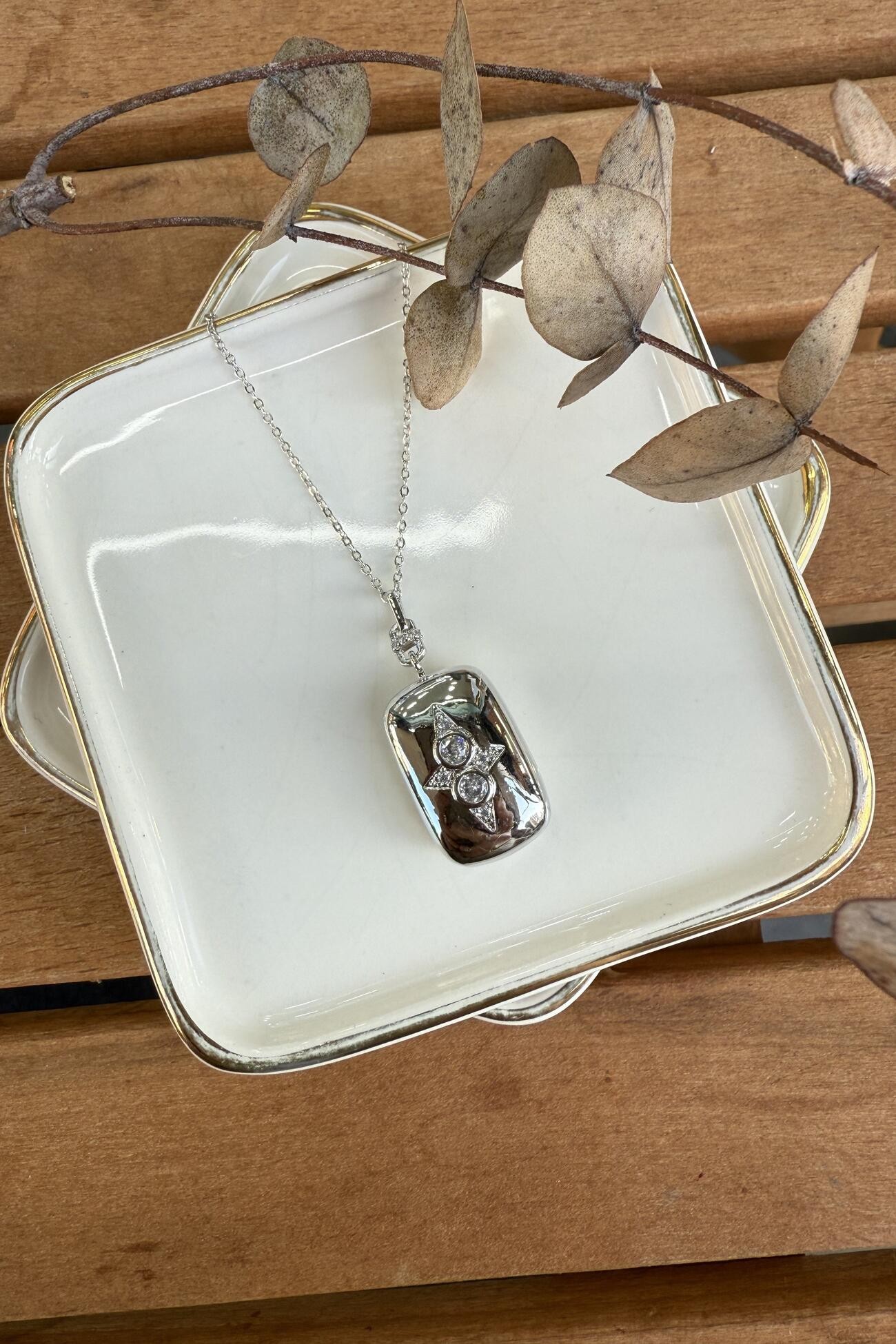14K Altın Kaplama Plaka Üzeri Taşlı Madalyon Kolye Silver 56cm