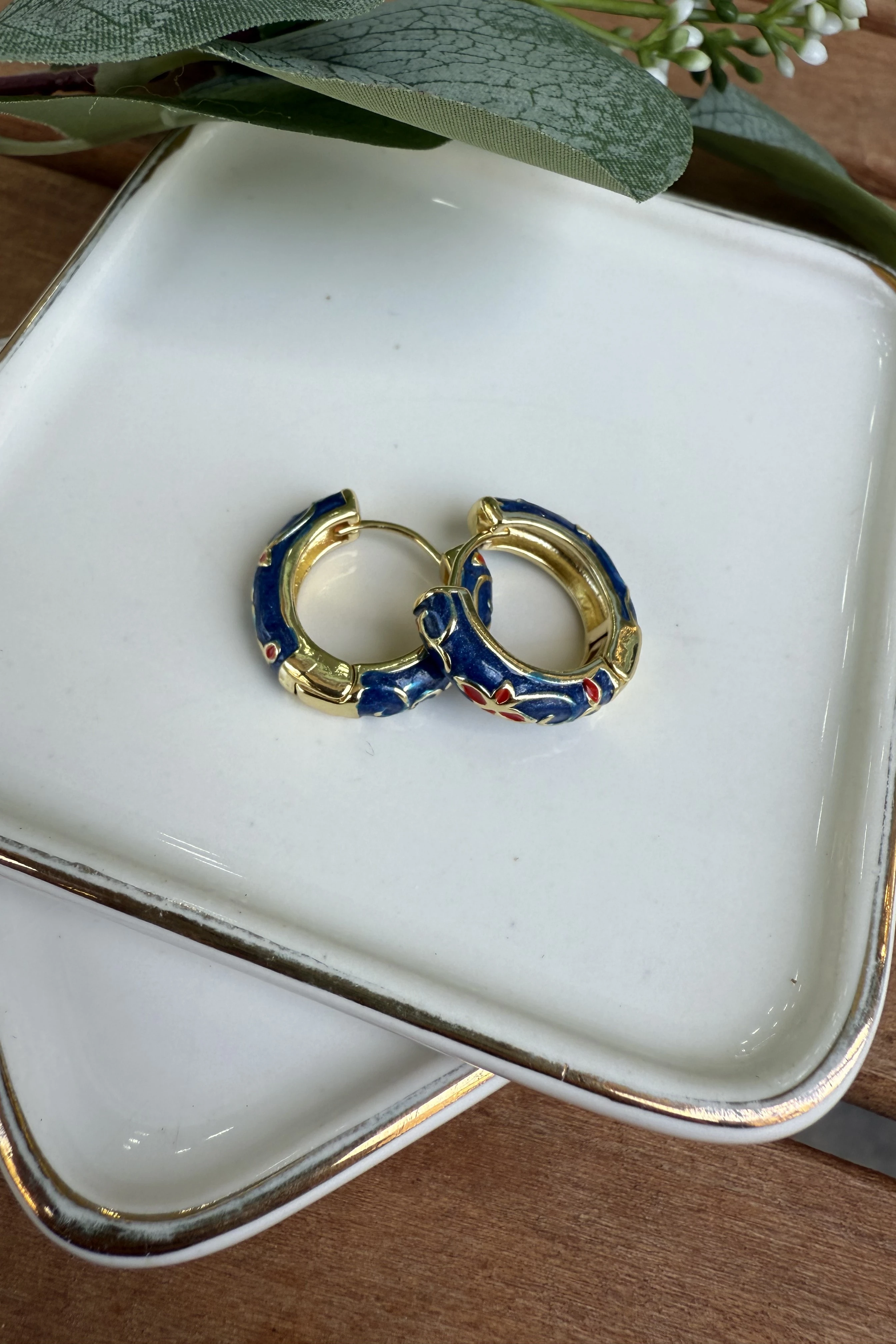 14K Altın Kaplama Lacivert Mineli Mina Küpe