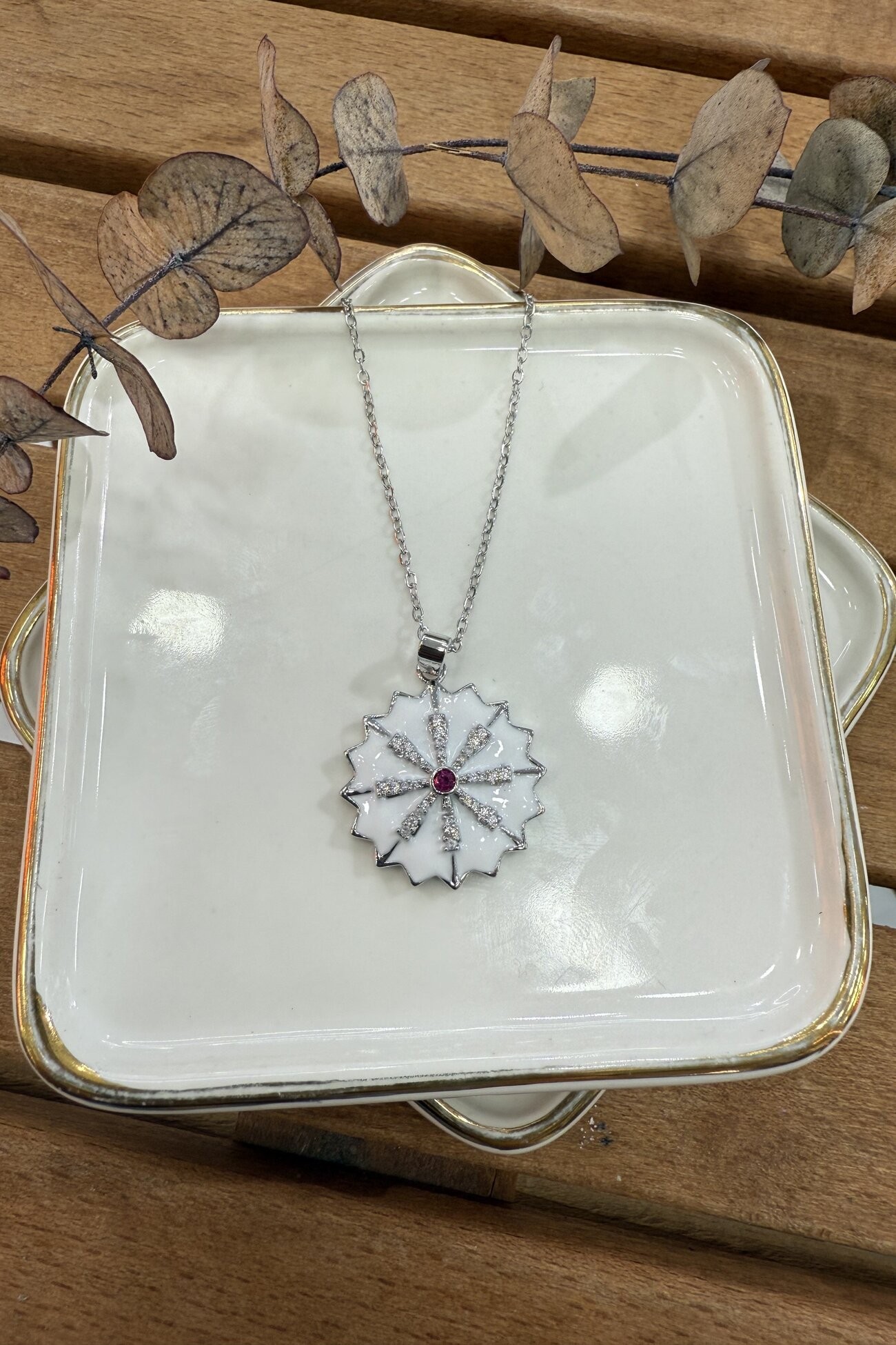 Çelik Beyaz Mineli Kar Tanesi Kolye Silver 49cm