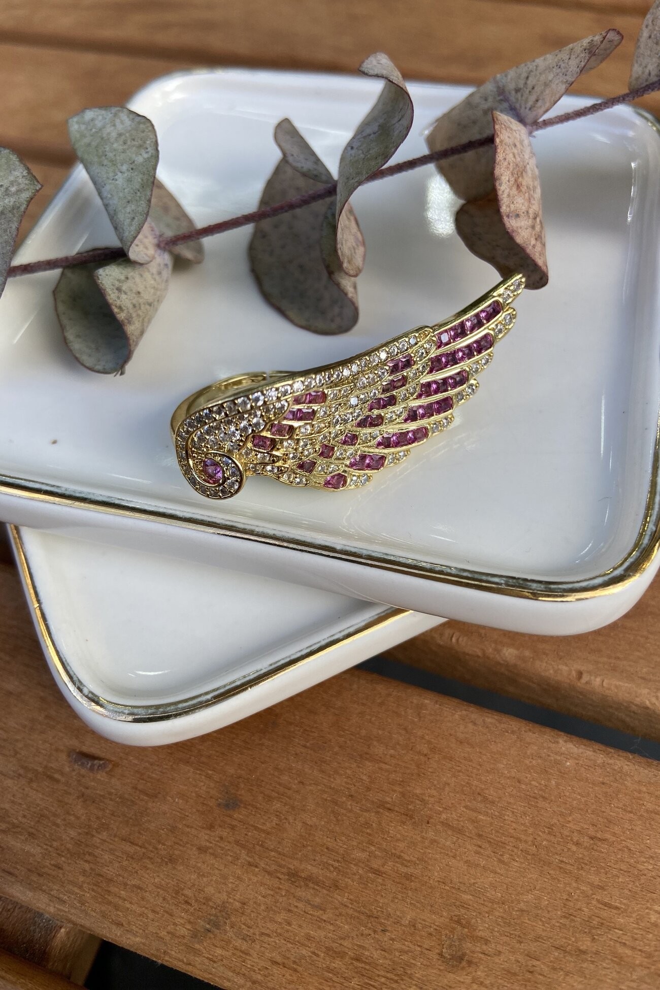 14K Altın Kaplama Pembe Taşlı Kanat Yüzük Gold