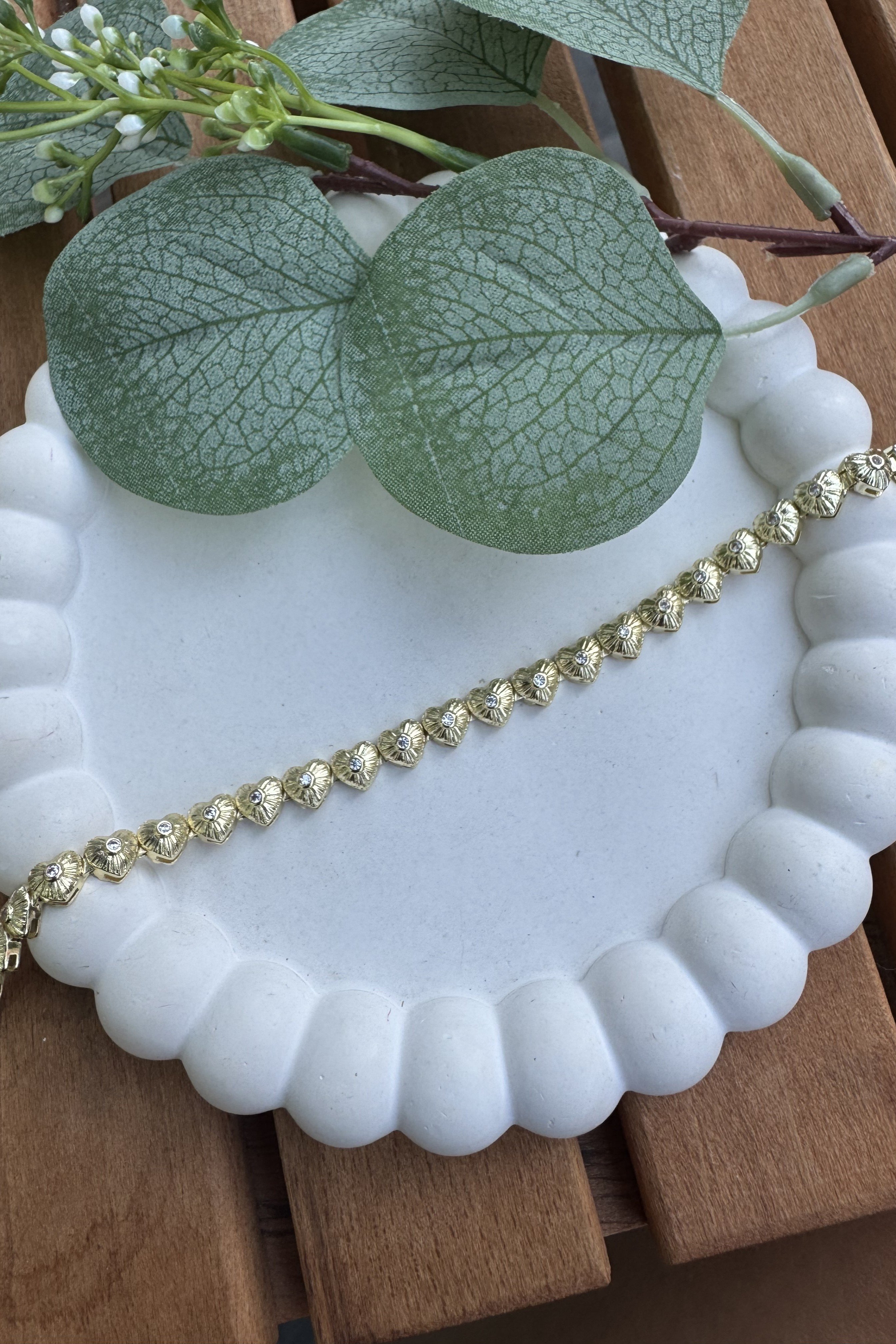 14K Altın Kaplama Dokulu Kalp Üstü Tek Taş Bileklik 17+2cm