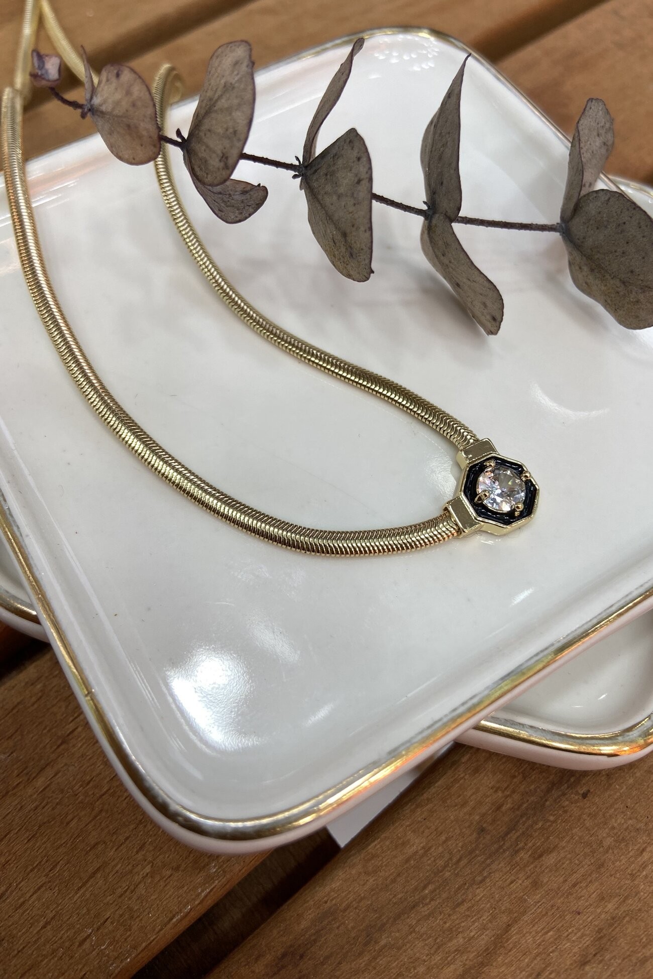 14K Altın Kaplama Siyah Mineli Serenay Kolyesi 46 cm