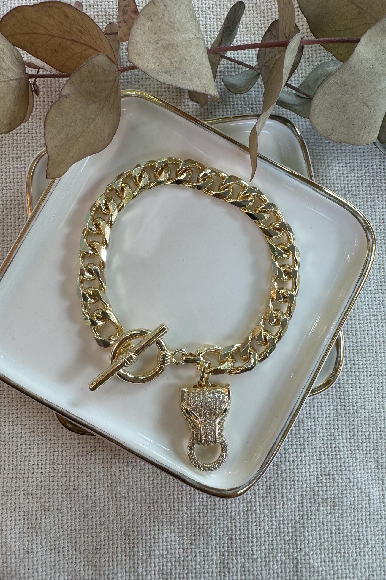 14K Altın Kaplama Sallantılı Kaplan Bileklik 18.5cm