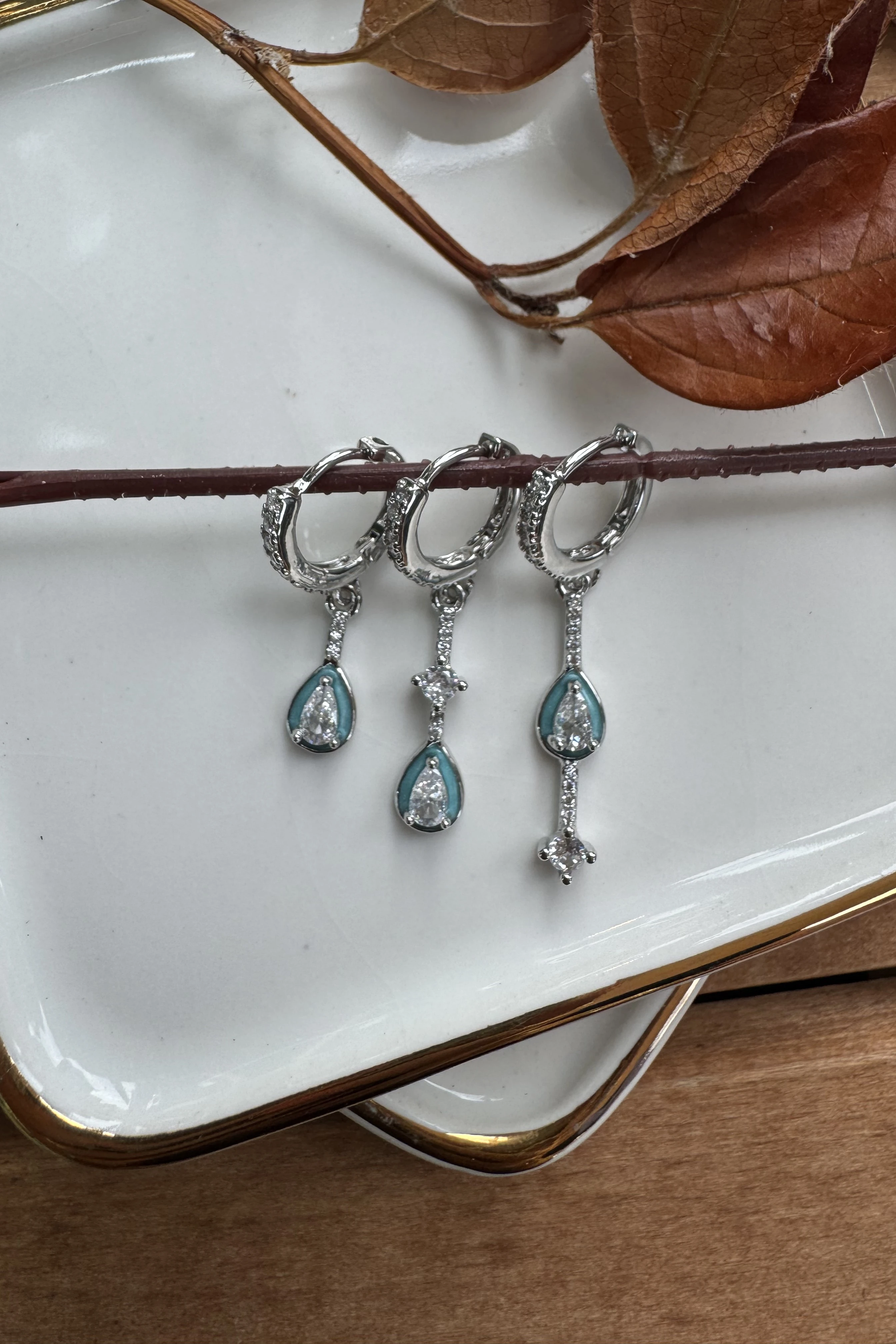 14K Altın Kaplama Damlalar 3'lü Küpe Seti Silver