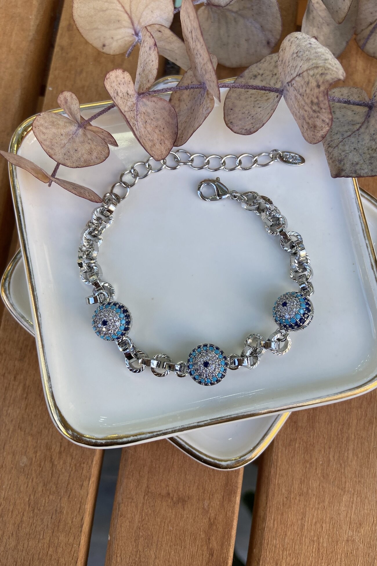 14K Altın Kaplama Üçlü Nazarlı Bileklik Silver 16+5cm