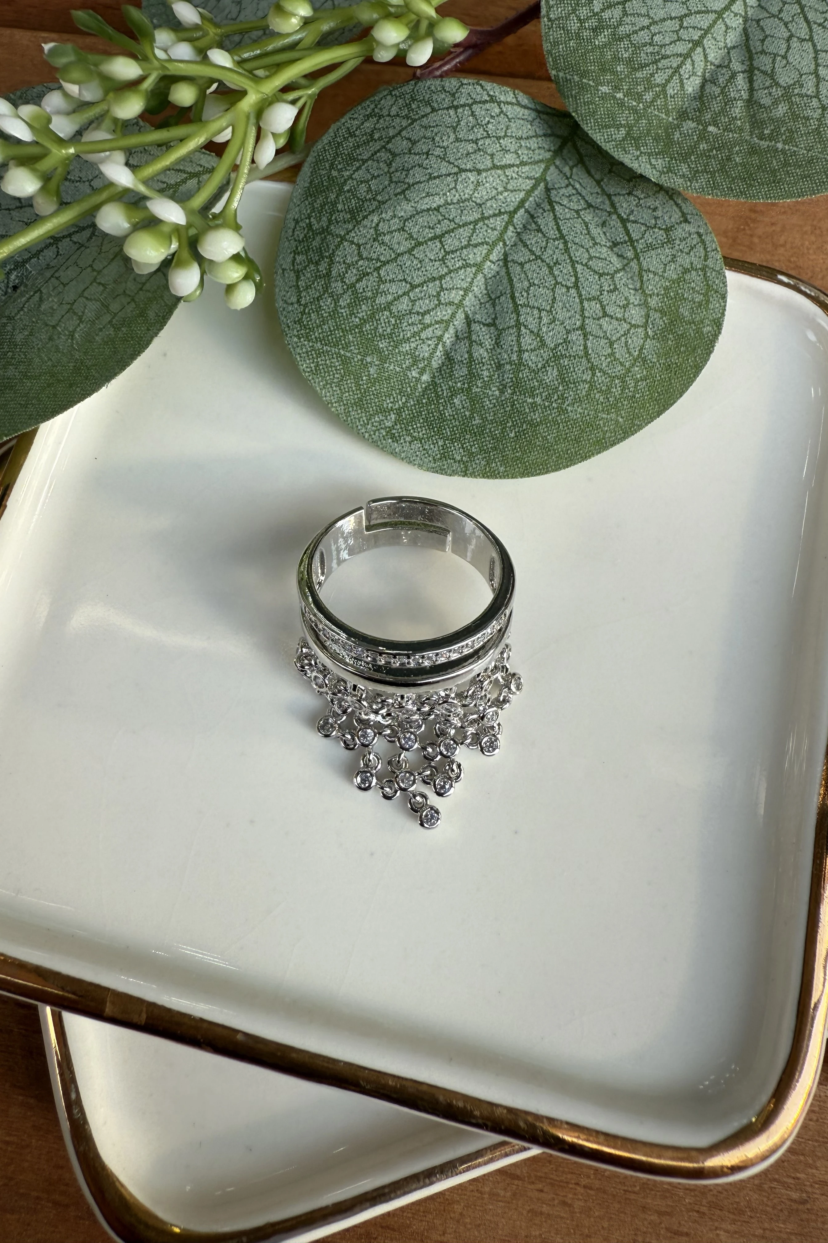 14K Altın Kaplama Sallantılı Yoncalar Yüzük Silver