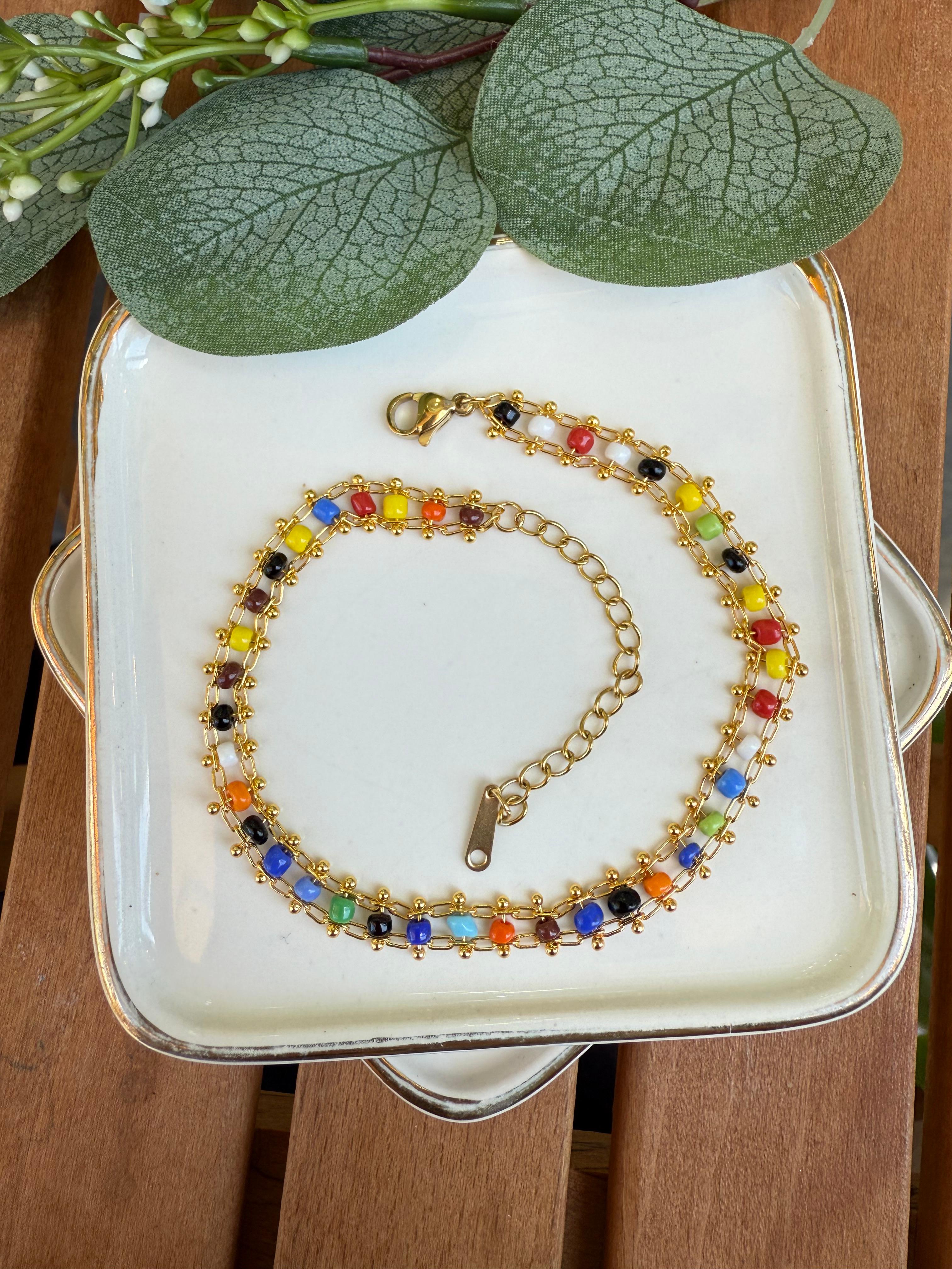 Çelik Örme İçi Renkli Boncuk Halhal 28cm