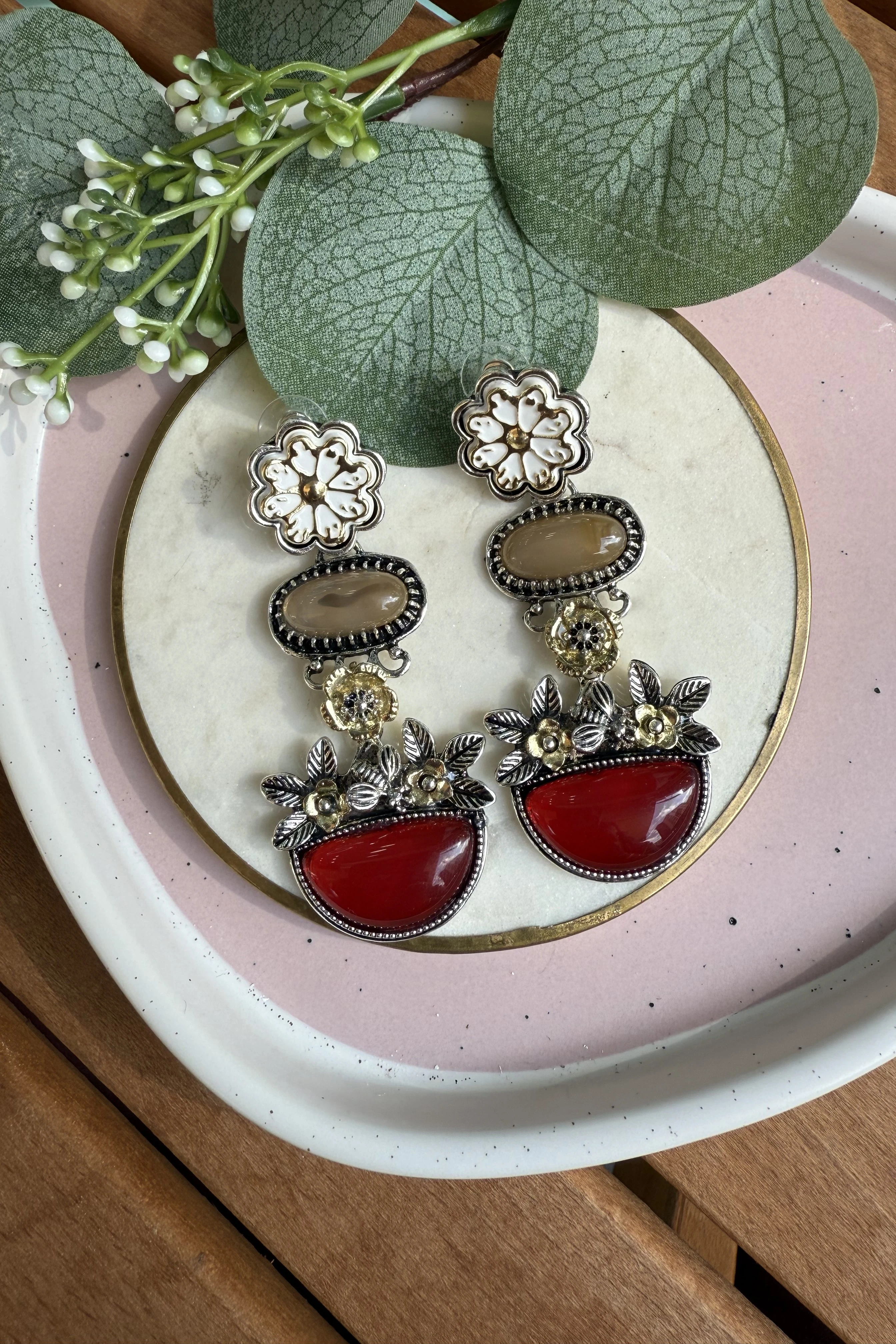 ZR Model Bordo Taşlı Vintage Küpe