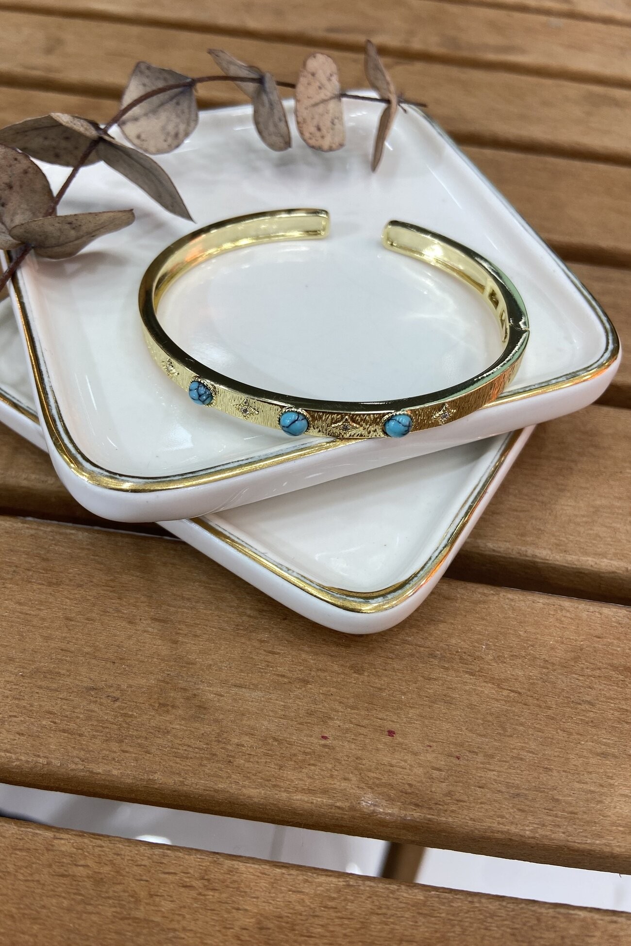 14K Altın Kaplama İnce Firuze Taşlı Bilezik Gold