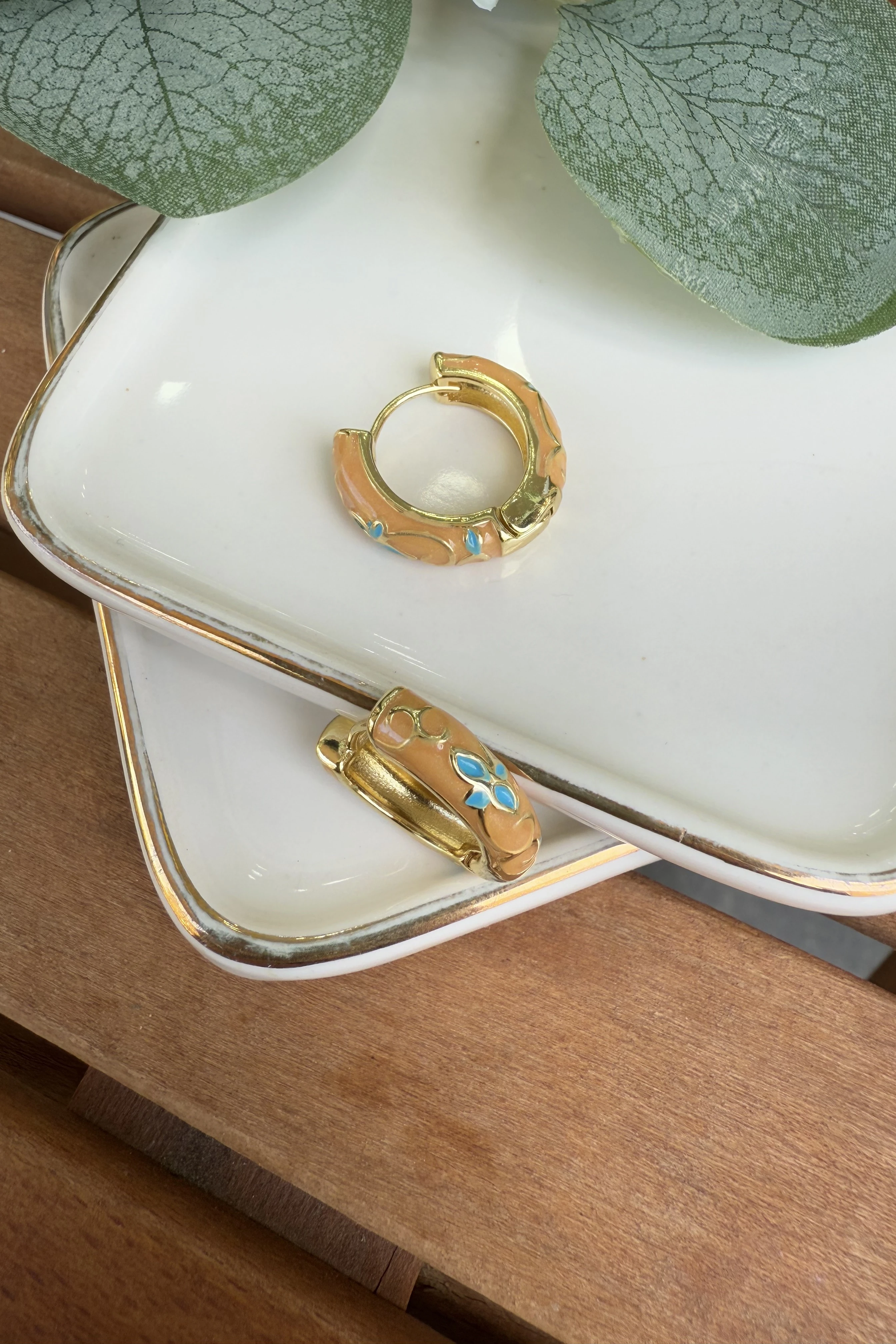 14K Altın Kaplama Somon Mineli Mina Küpe