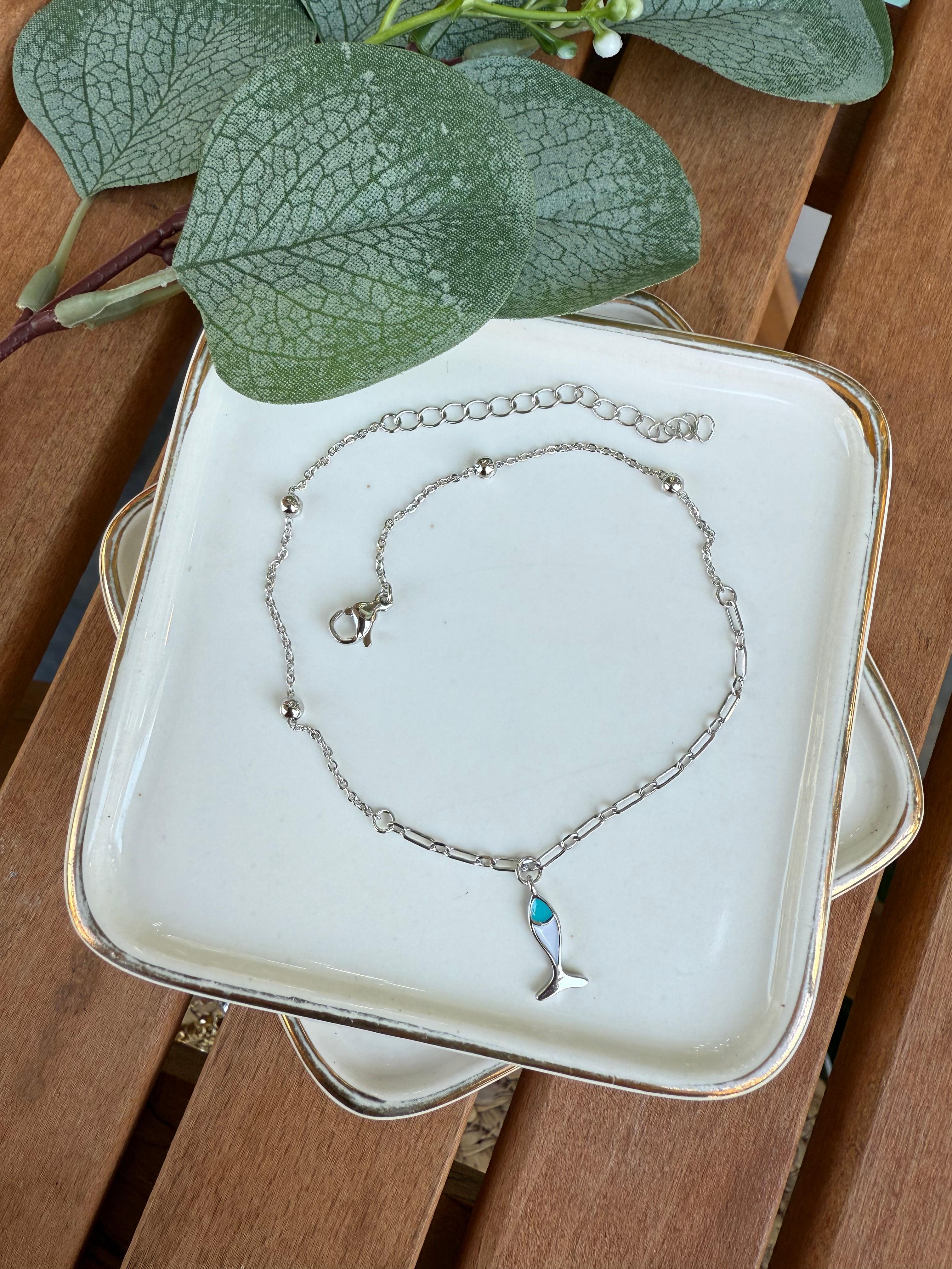 14K Altın Kaplama Beyaz Mineli Balık Halhal Silver 28cm