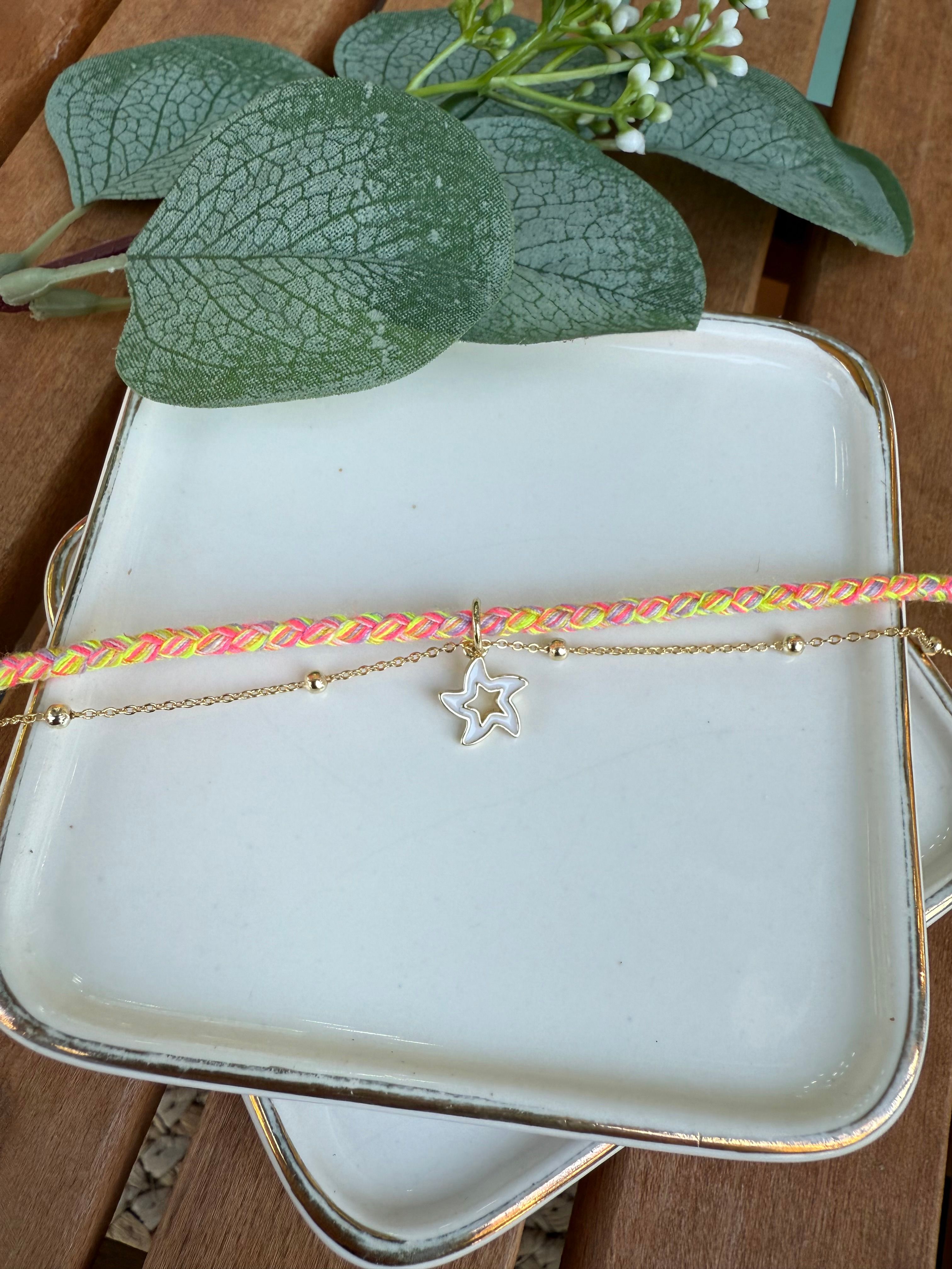 14K Altın Kaplama Renkli İp, Beyaz Yıldız Halhal 28cm