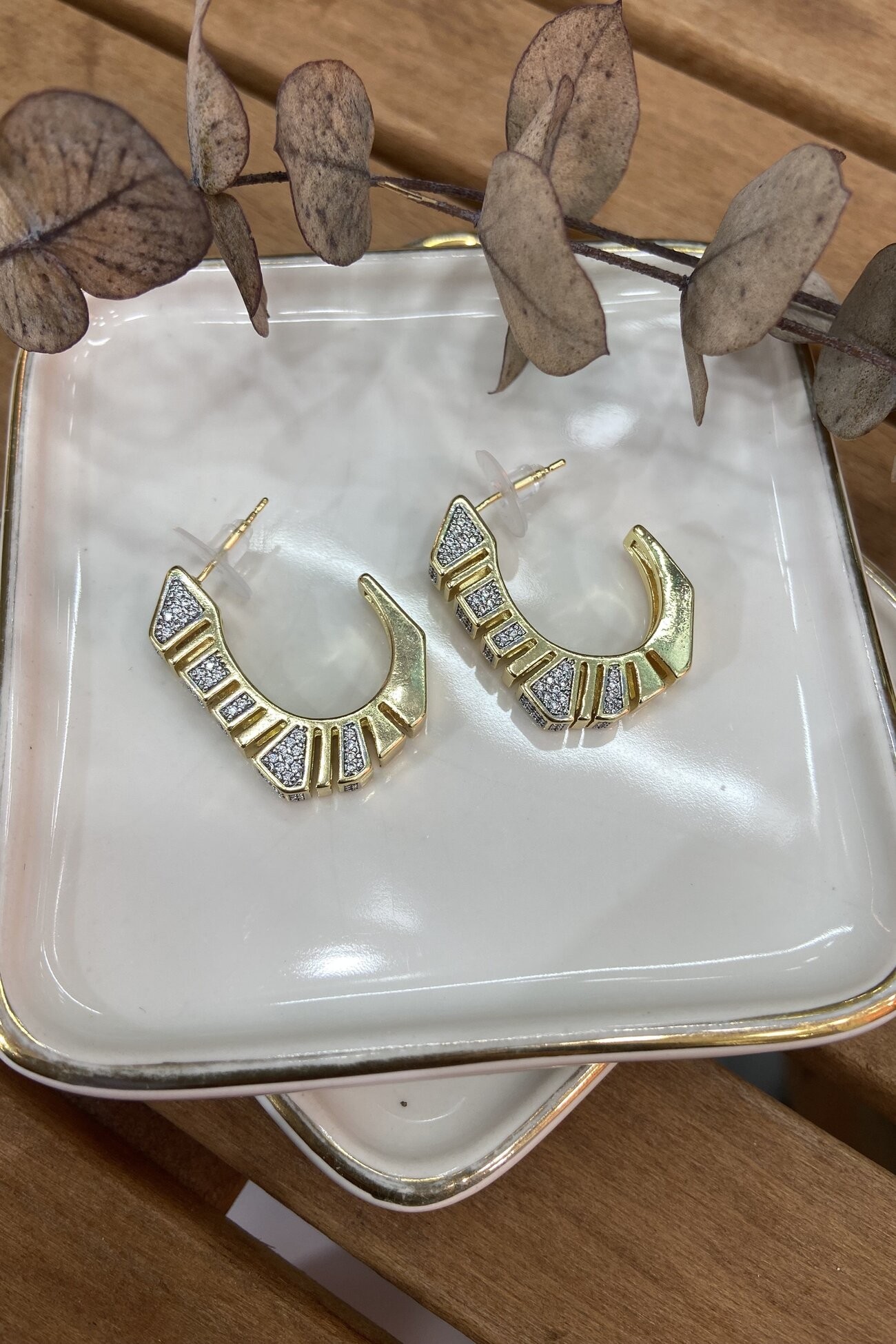 14K Altın Kaplama Taşlı Kalın Halka Küpe
