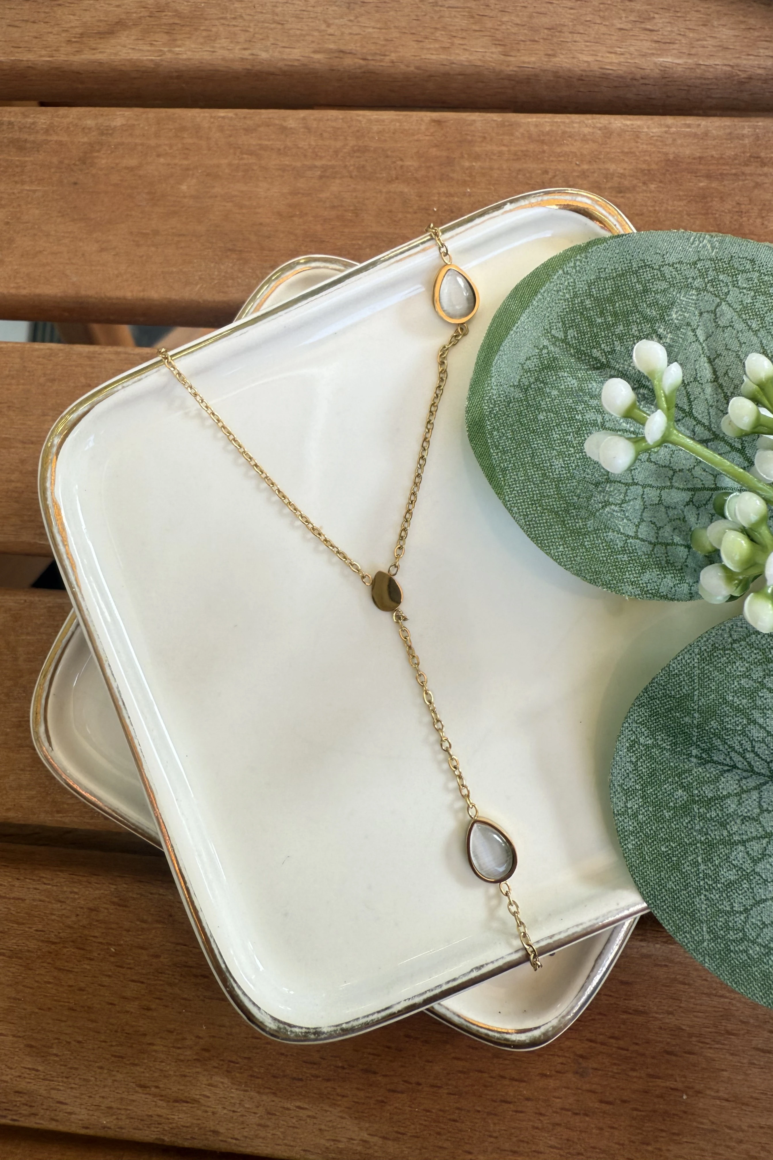 Çelik Beyaz Damla Taşlı Y Kolye 48cm