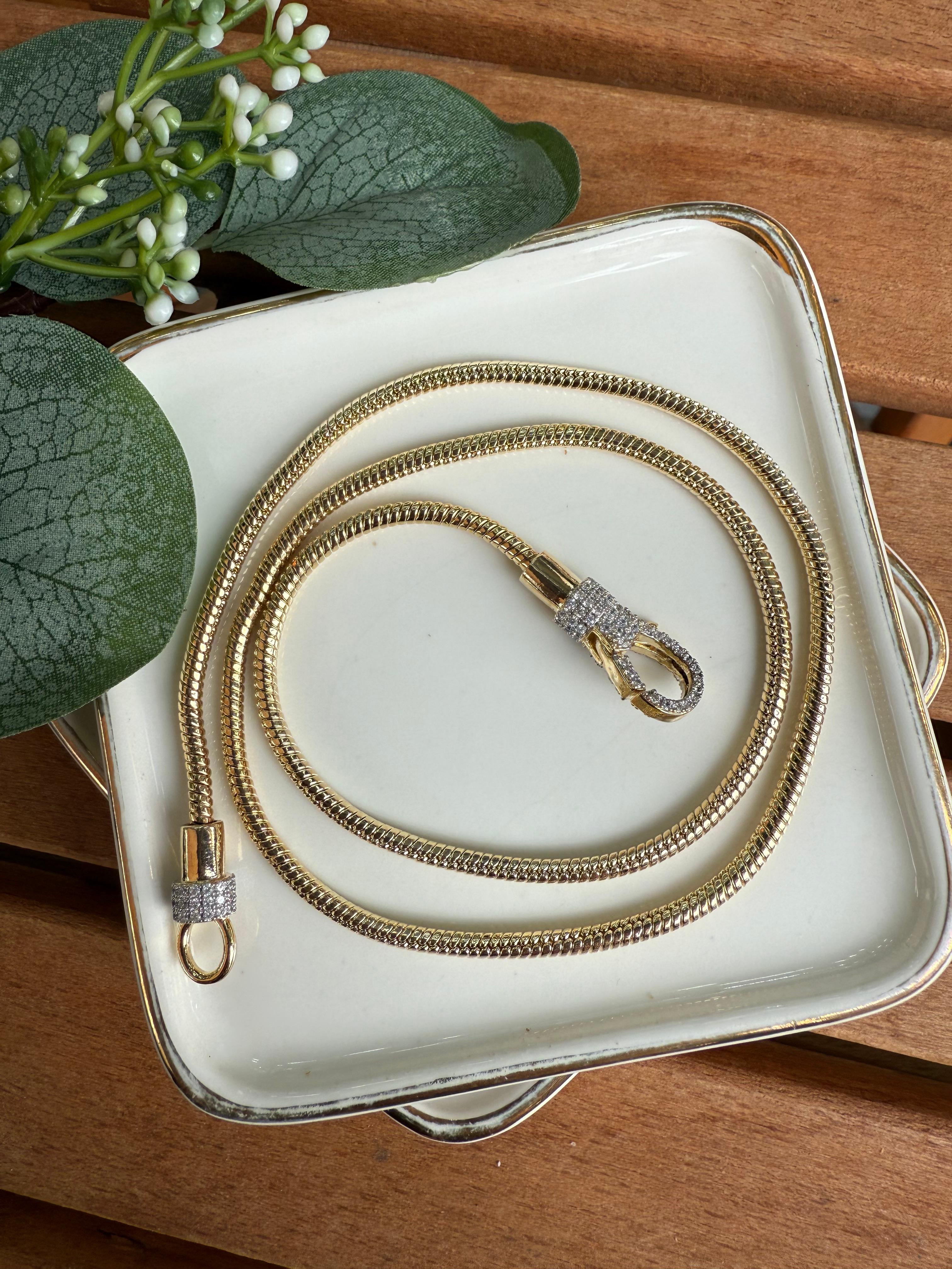 14K Altın Kaplama Taşlı Kilitli Zincir Kolye 50cm