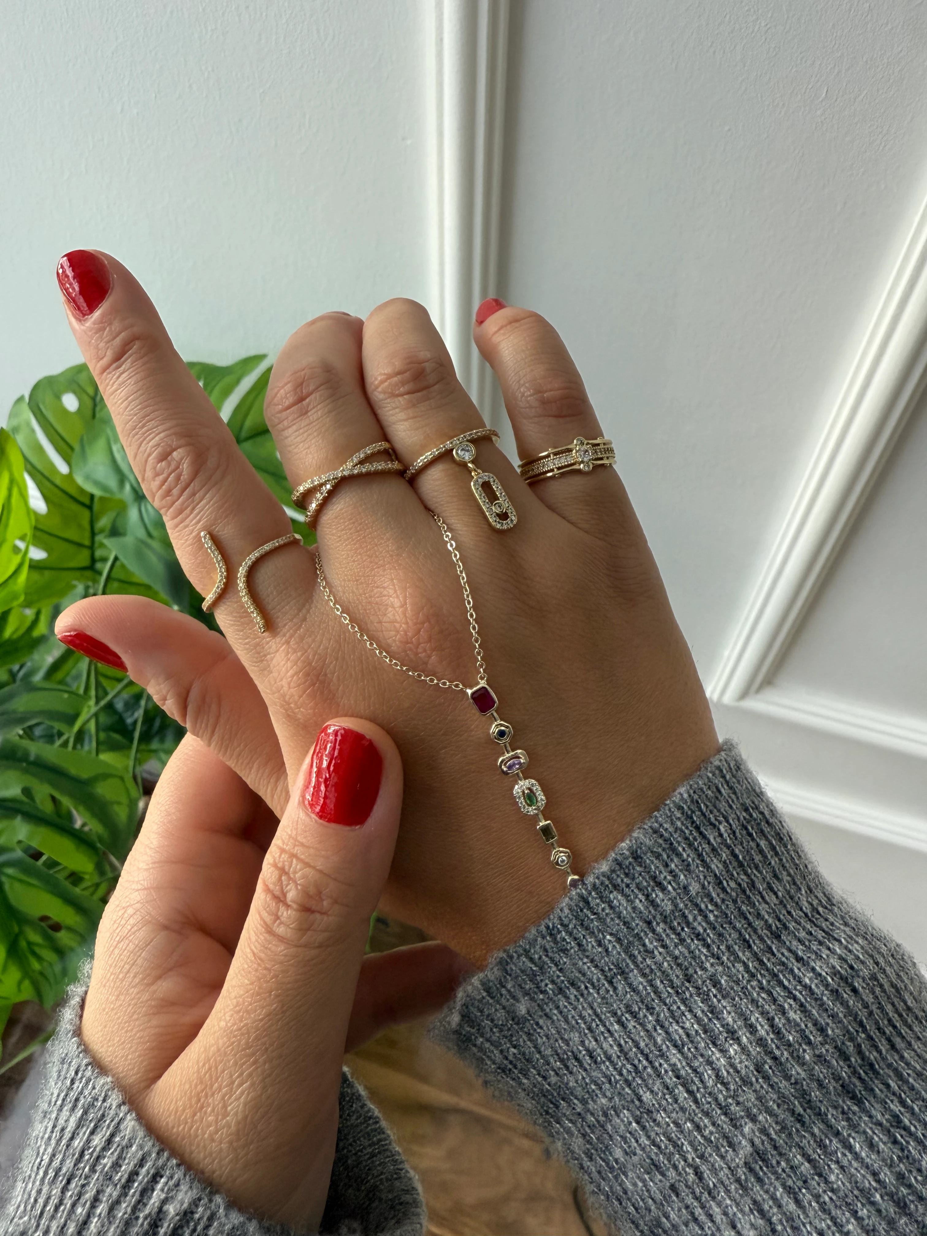 14K Altın Kaplama Mini Taşlı Çift Sıra X Yüzük Gold