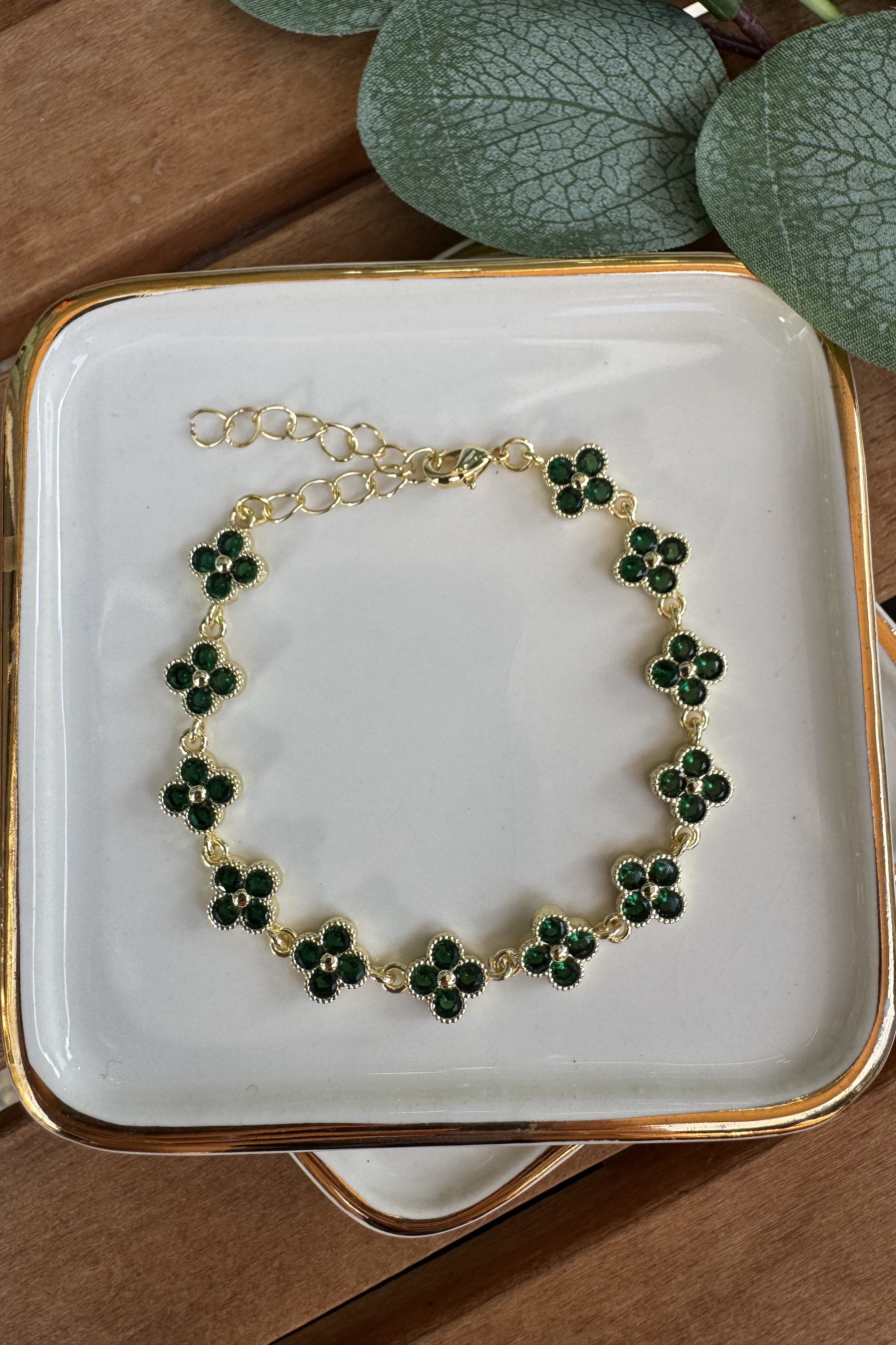 Bronz Yeşil Taşlı Yonca Bileklik Gold 15+6cm