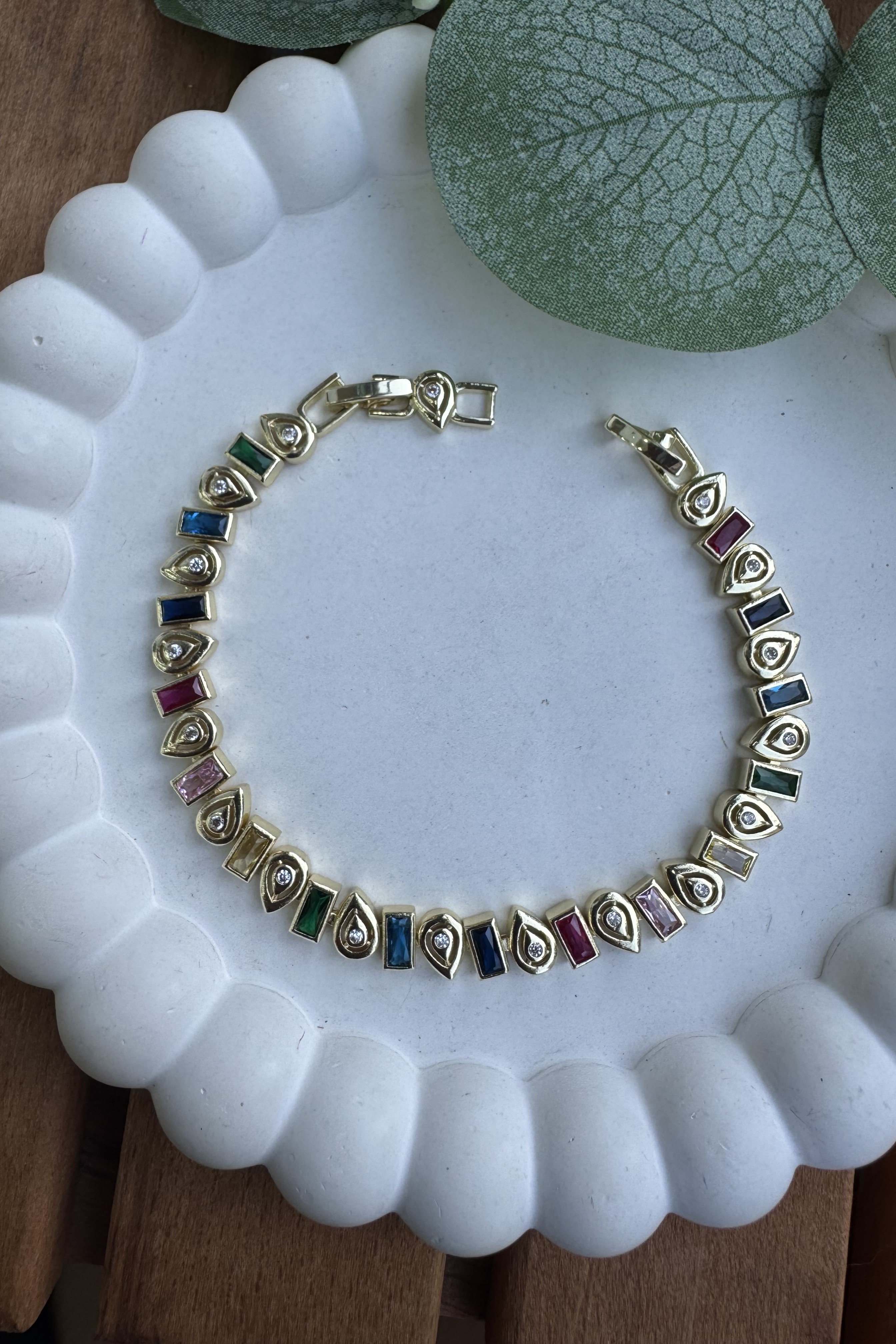 14K Altın Kaplama Renkli Taşlar Damla Bileklik 17+2cm