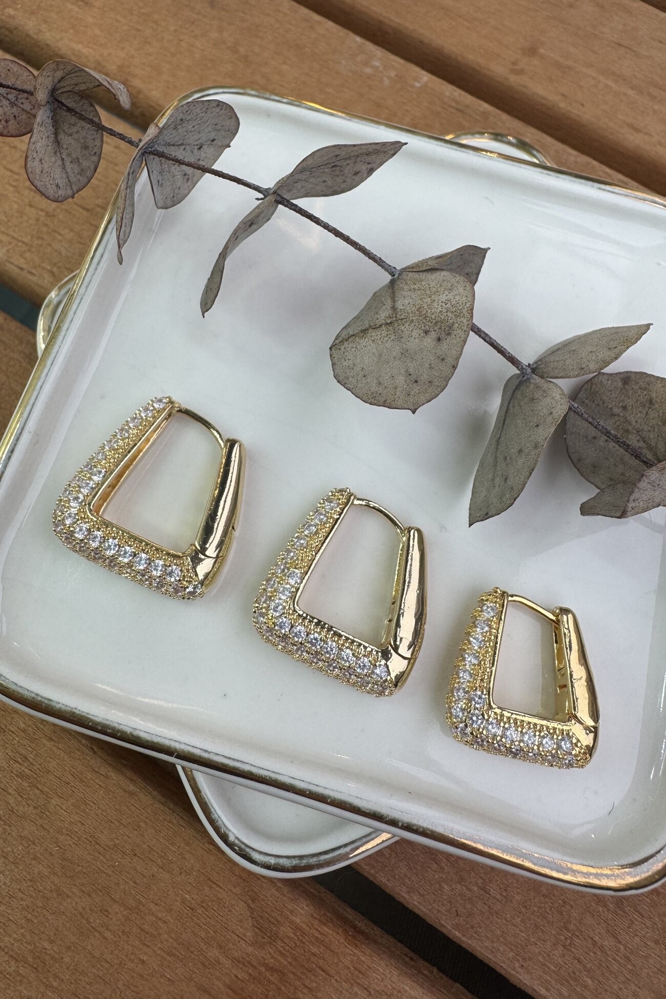 14K Altın Kaplama Zirkon Taşlı 3'lü Küpe Seti Gold