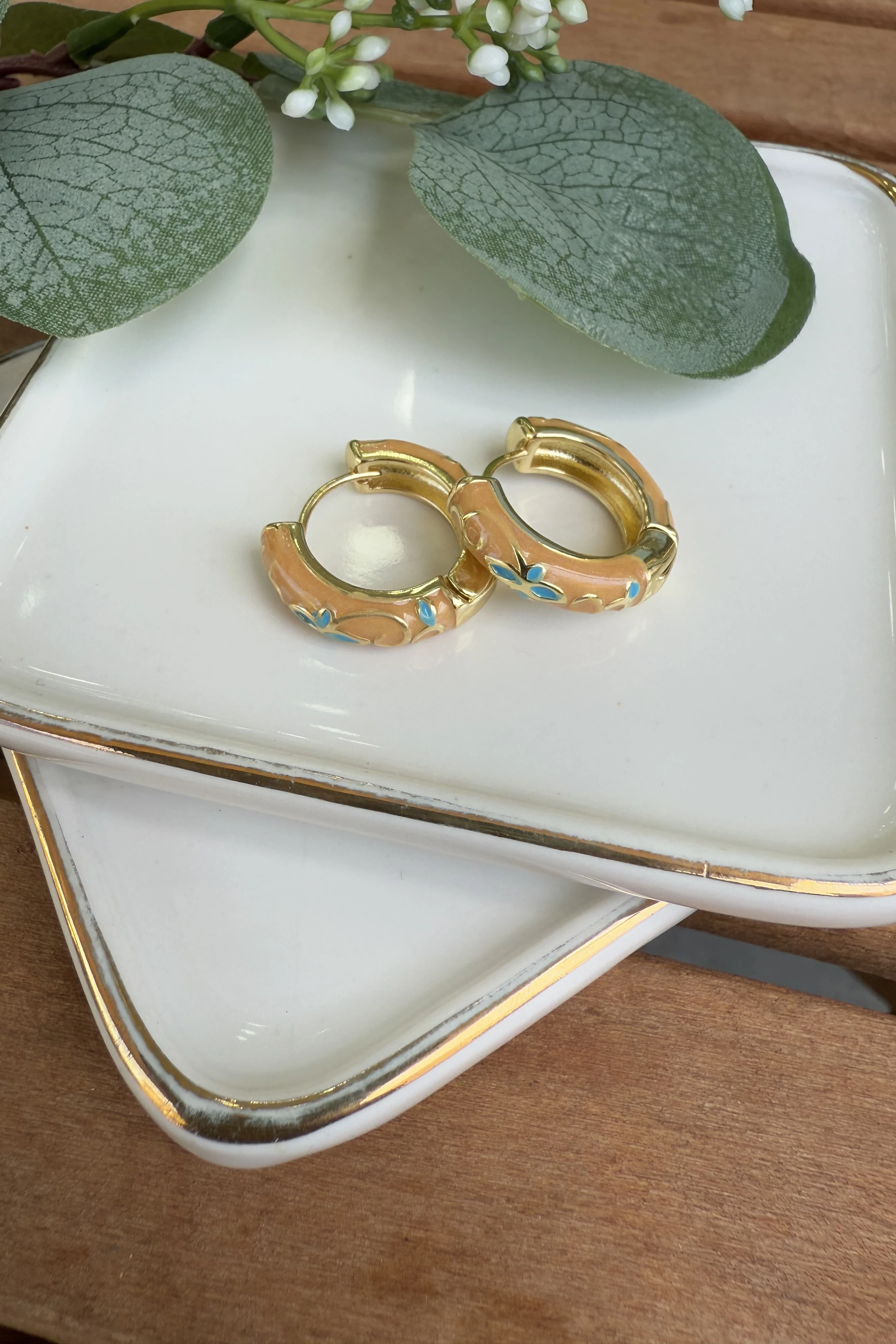 14K Altın Kaplama Somon Mineli Mina Küpe