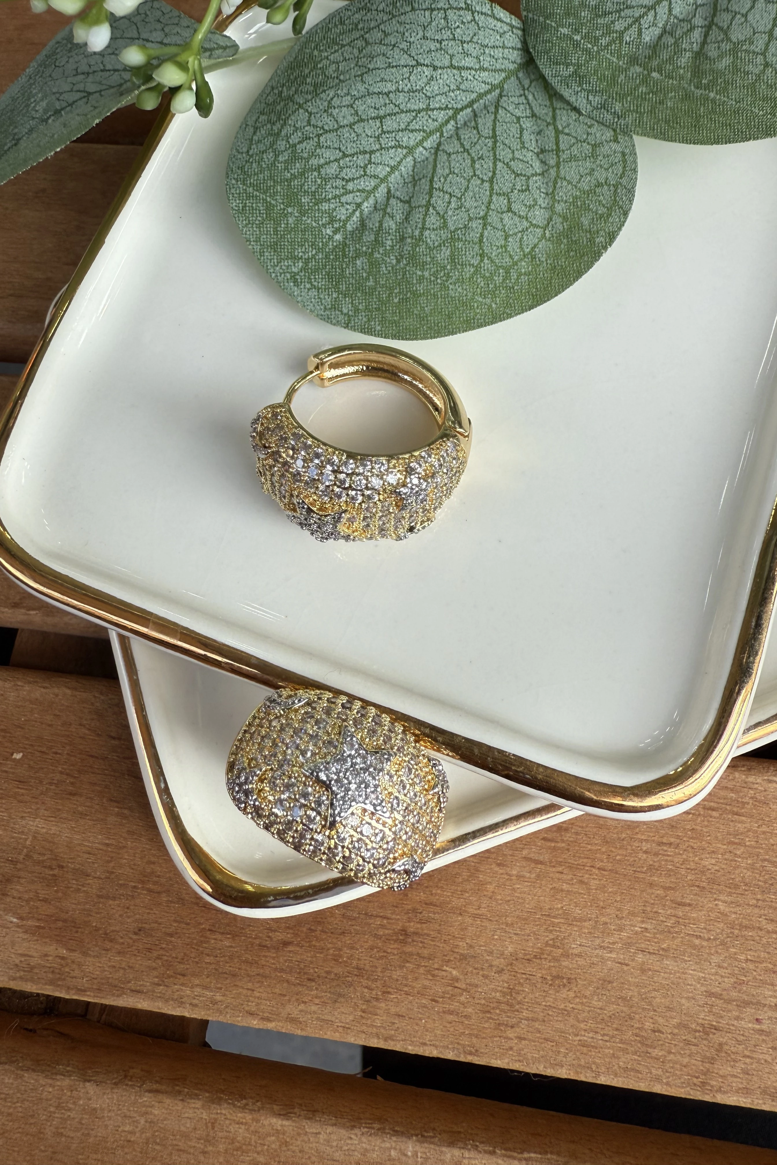 14K Altın Kaplama Zirkon Ay&Yıldız Taşlı Bombeli Küpe