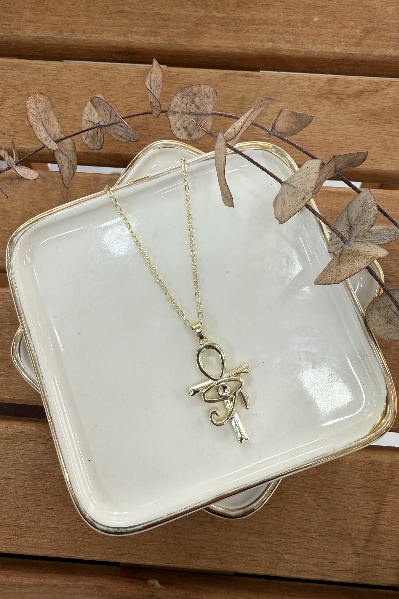 14K Altın Kaplama Ankh & Ra'nın Gözü Kolye Gold 55cm