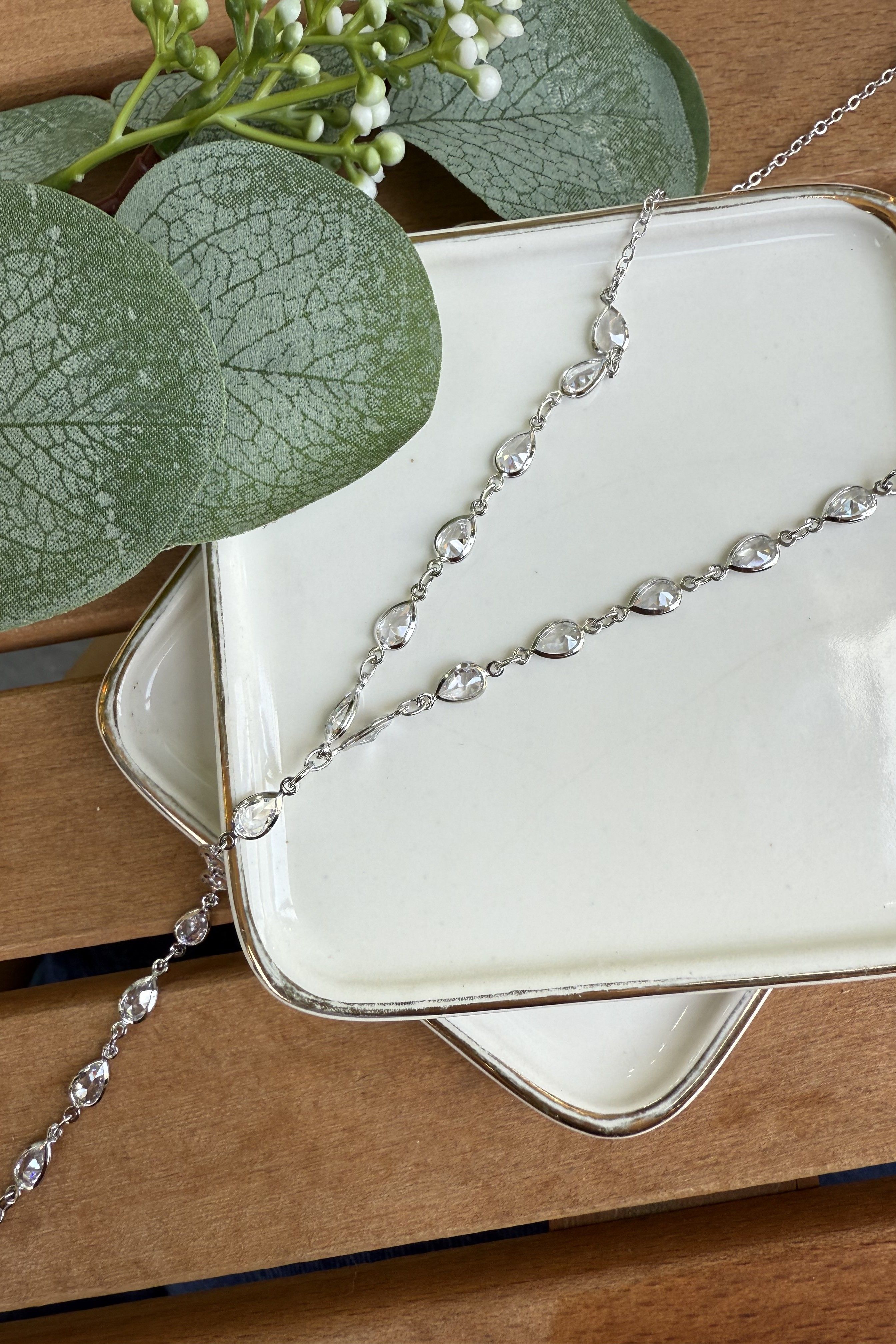 14K Altın Kaplama Beyaz Taşlı Y Kolye Silver 48cm