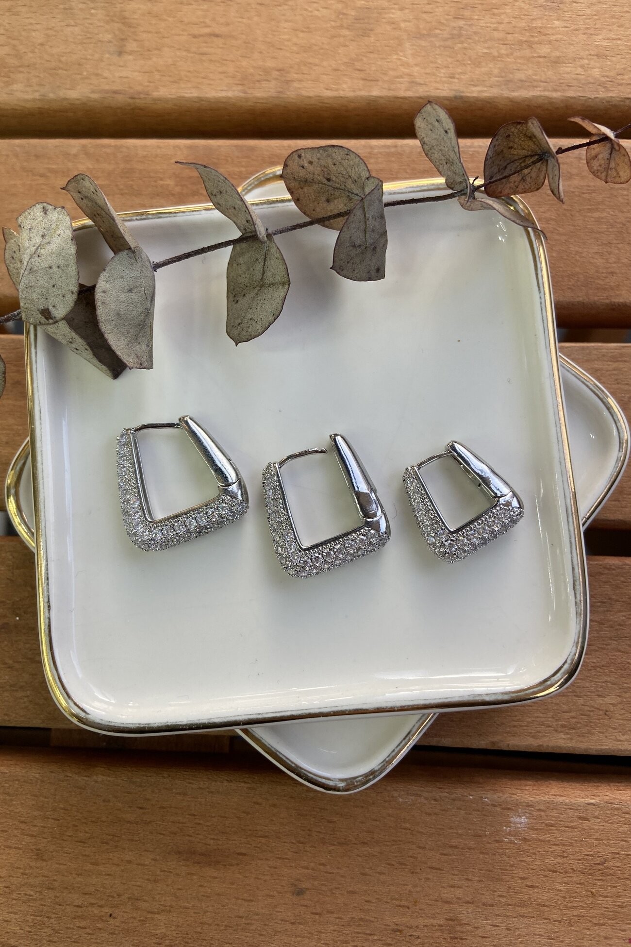 14K Altın Kaplama Zirkon Taşlı 3'lü Küpe Seti Silver