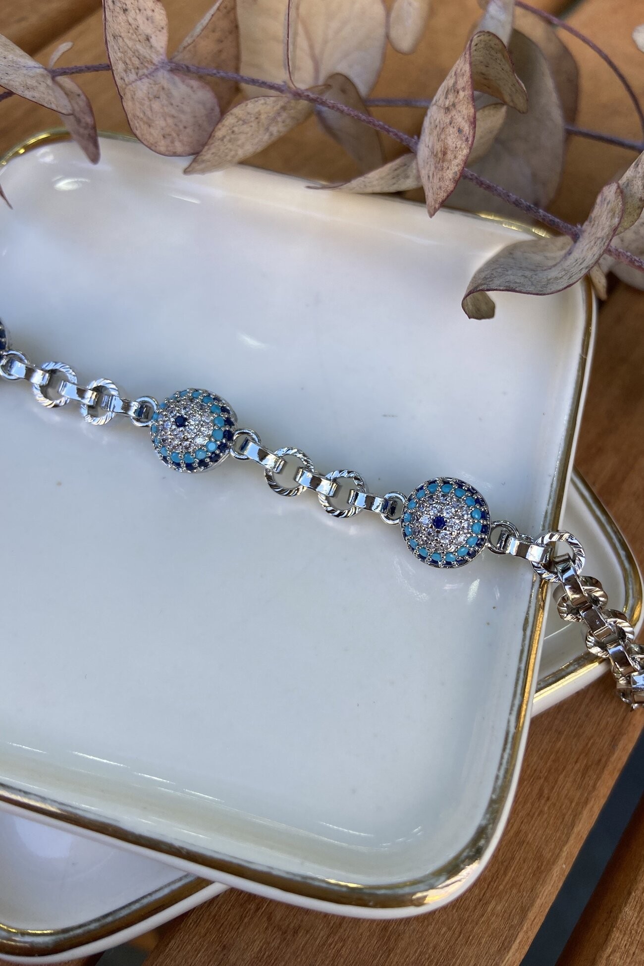14K Altın Kaplama Üçlü Nazarlı Bileklik Silver 16+5cm