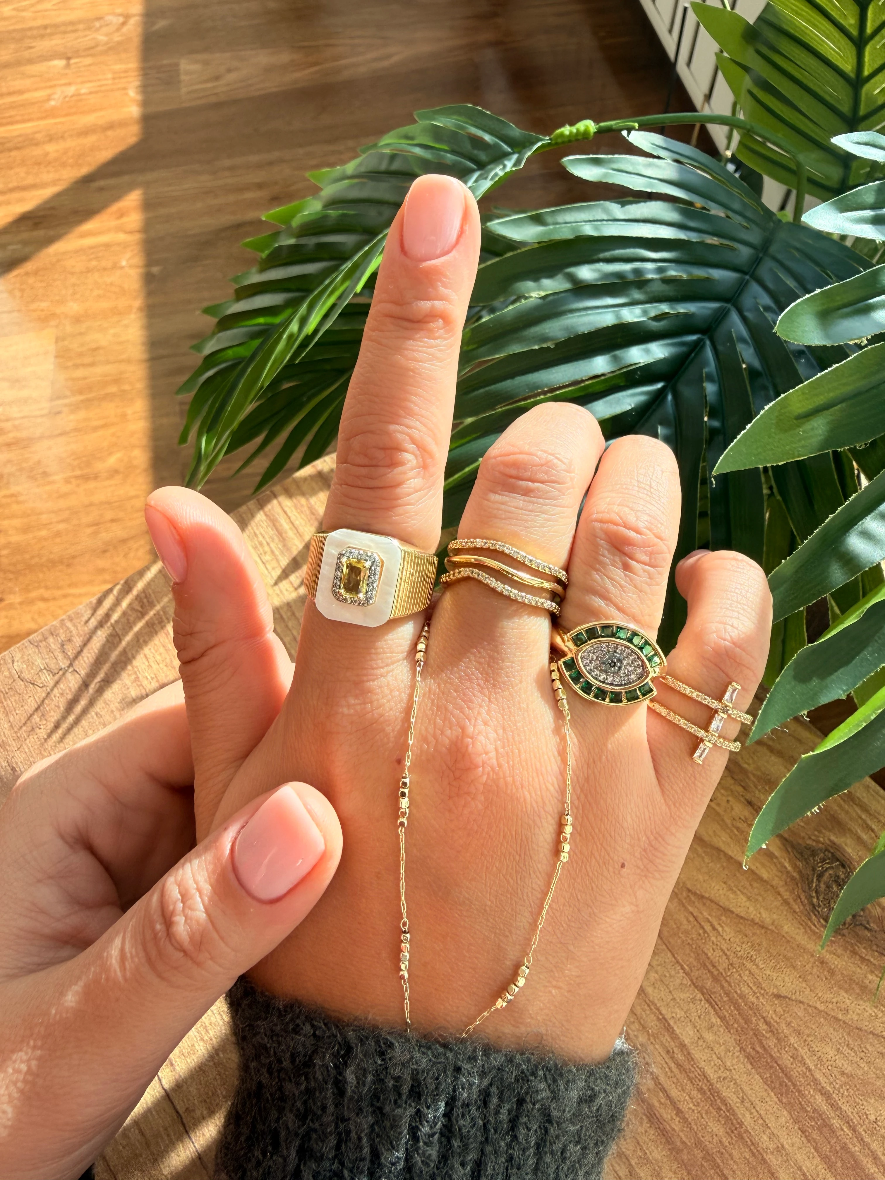 14K Altın Kaplama Yeşil Taşlı Yatay Göz Yüzük