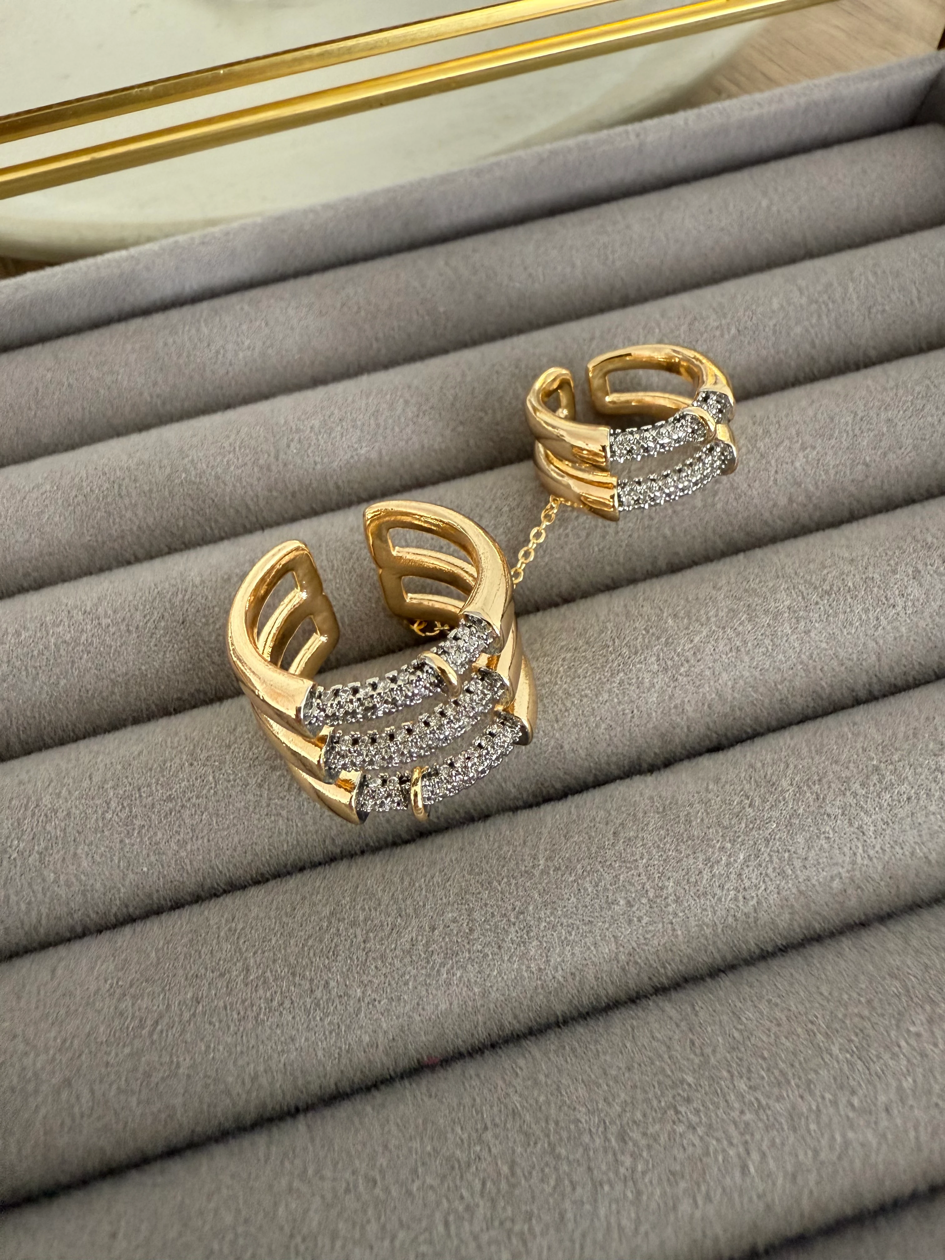 14K Altın Kaplama Üç Sıra Şeritli 2'li Yüzük Seti