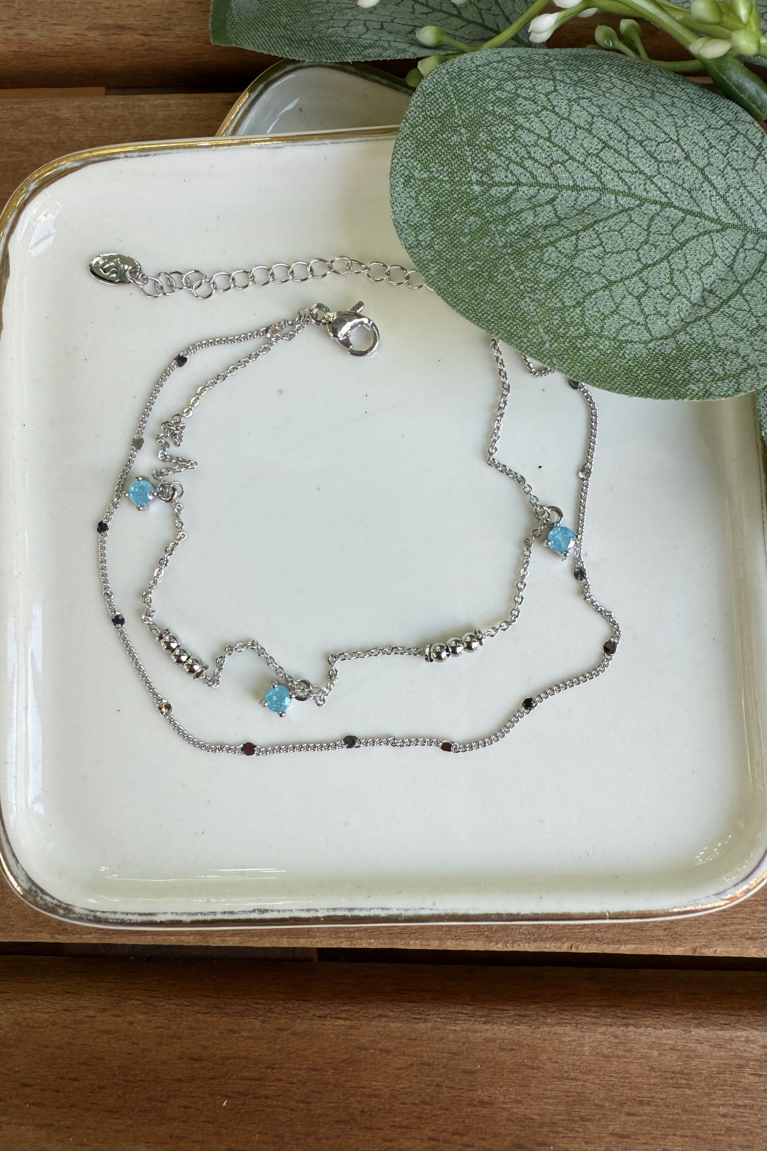 14K Altın Kaplama Mavi Kar Taşı İkili Halhal Silver 20+5cm