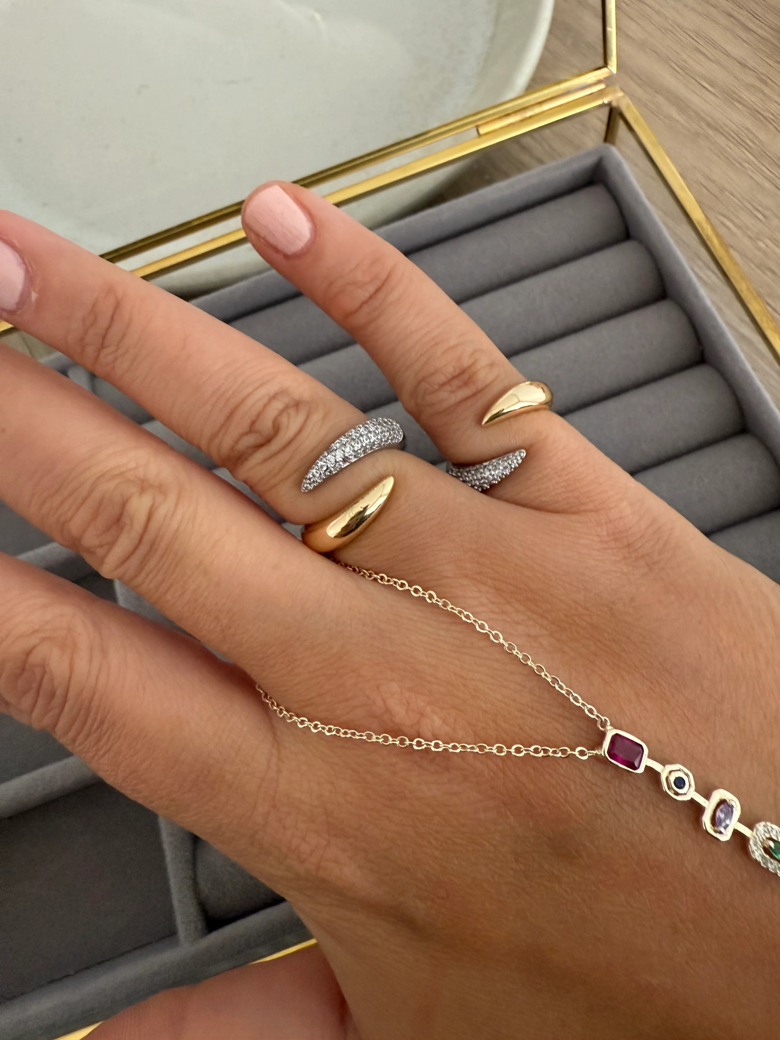 14K Altın Kaplama Taşlı, Taşsız 2'li Yüzük Seti