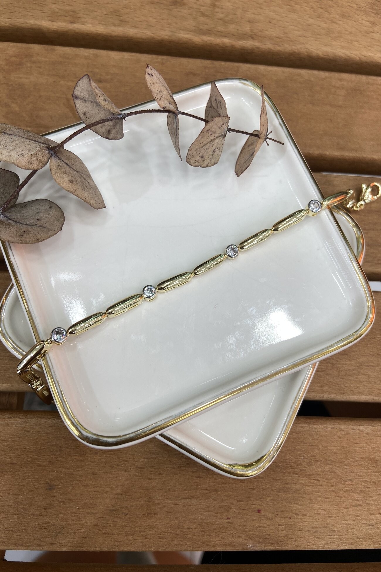 14K Altın Kaplama Ortası Taşlı Çubuklar Bileklik 18cm
