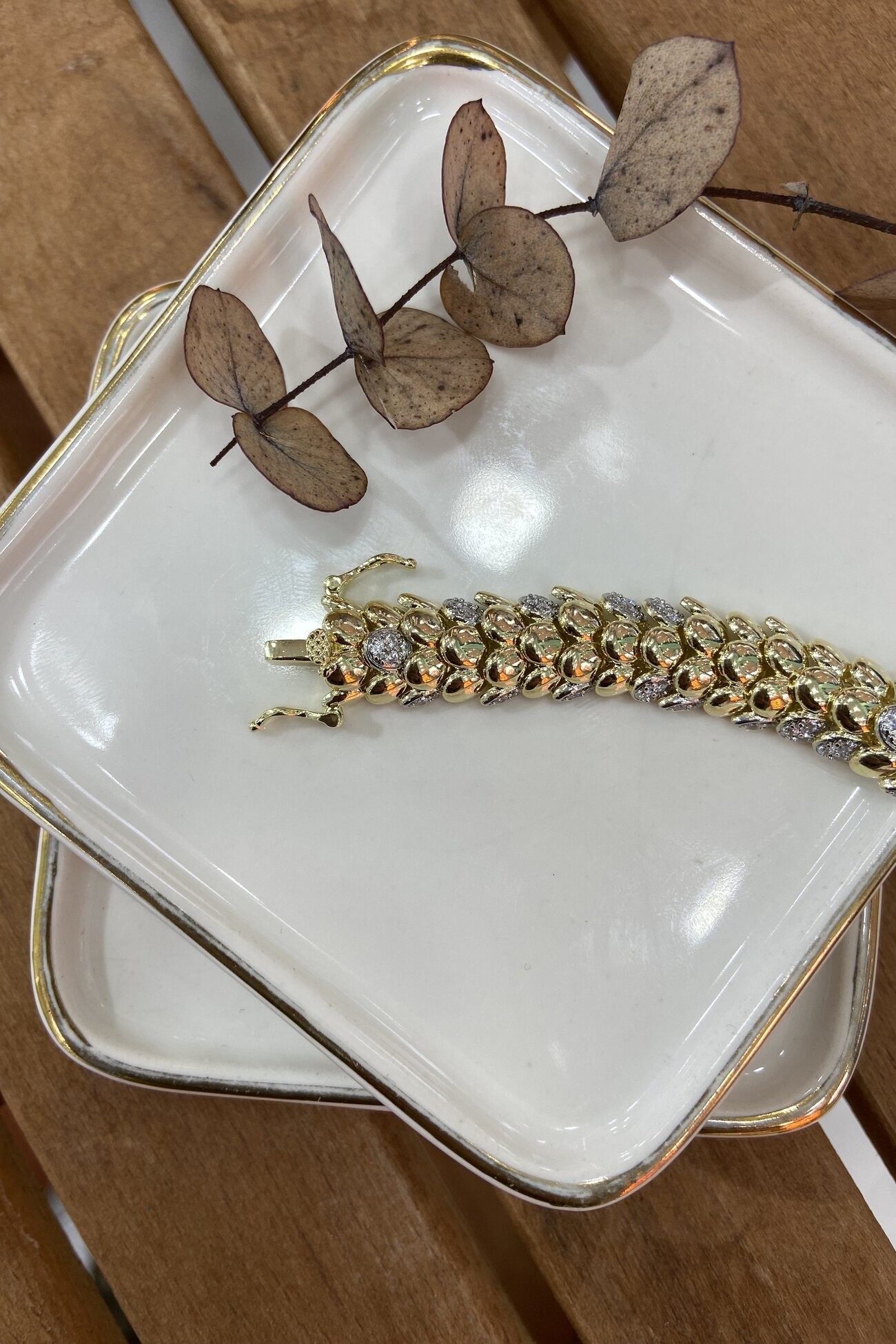 14K Altın Kaplama Eklemli, Taşlı Bileklik 17cm