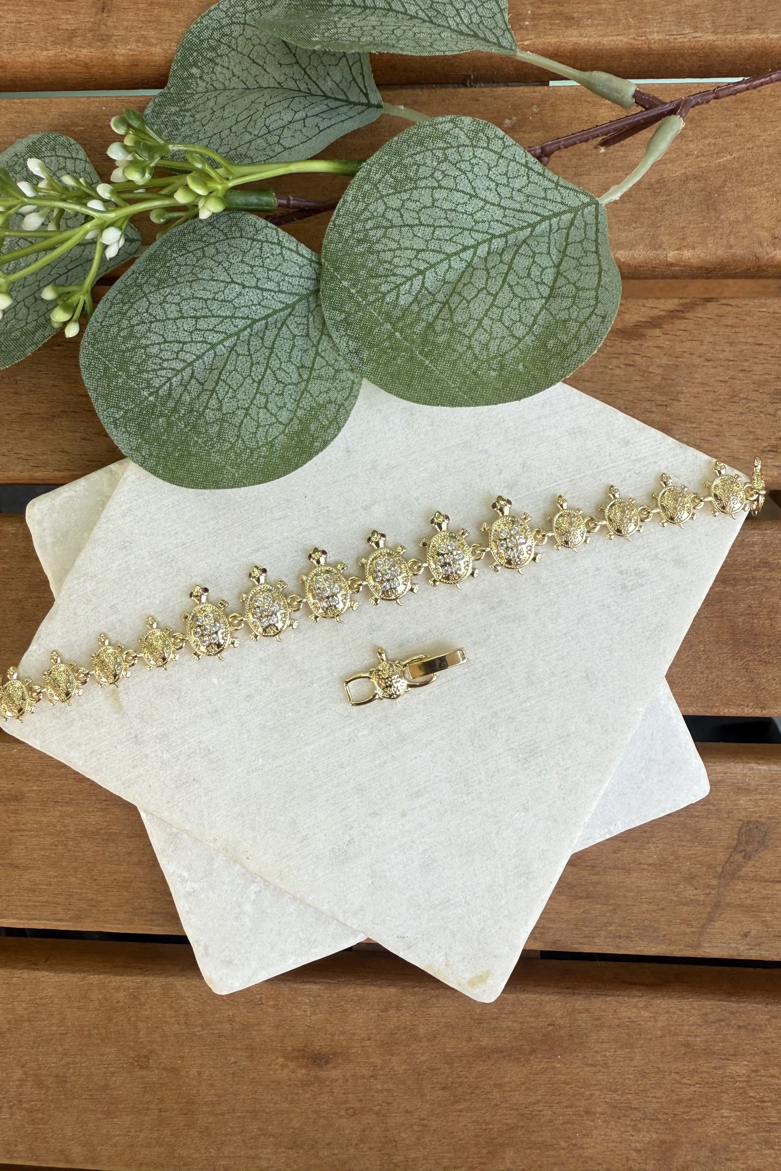 14K Altın Kaplama Taşlı Kaplumbağa Bileklik 17+2cm