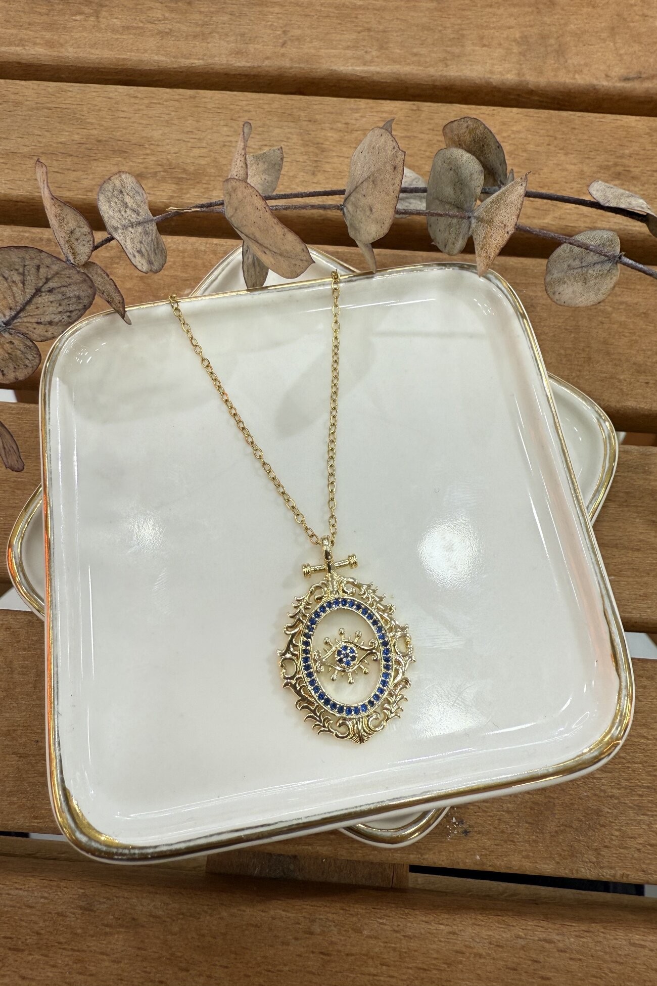 Çelik Göz Motifli Vintage Çerçeve Kolye Gold 49cm