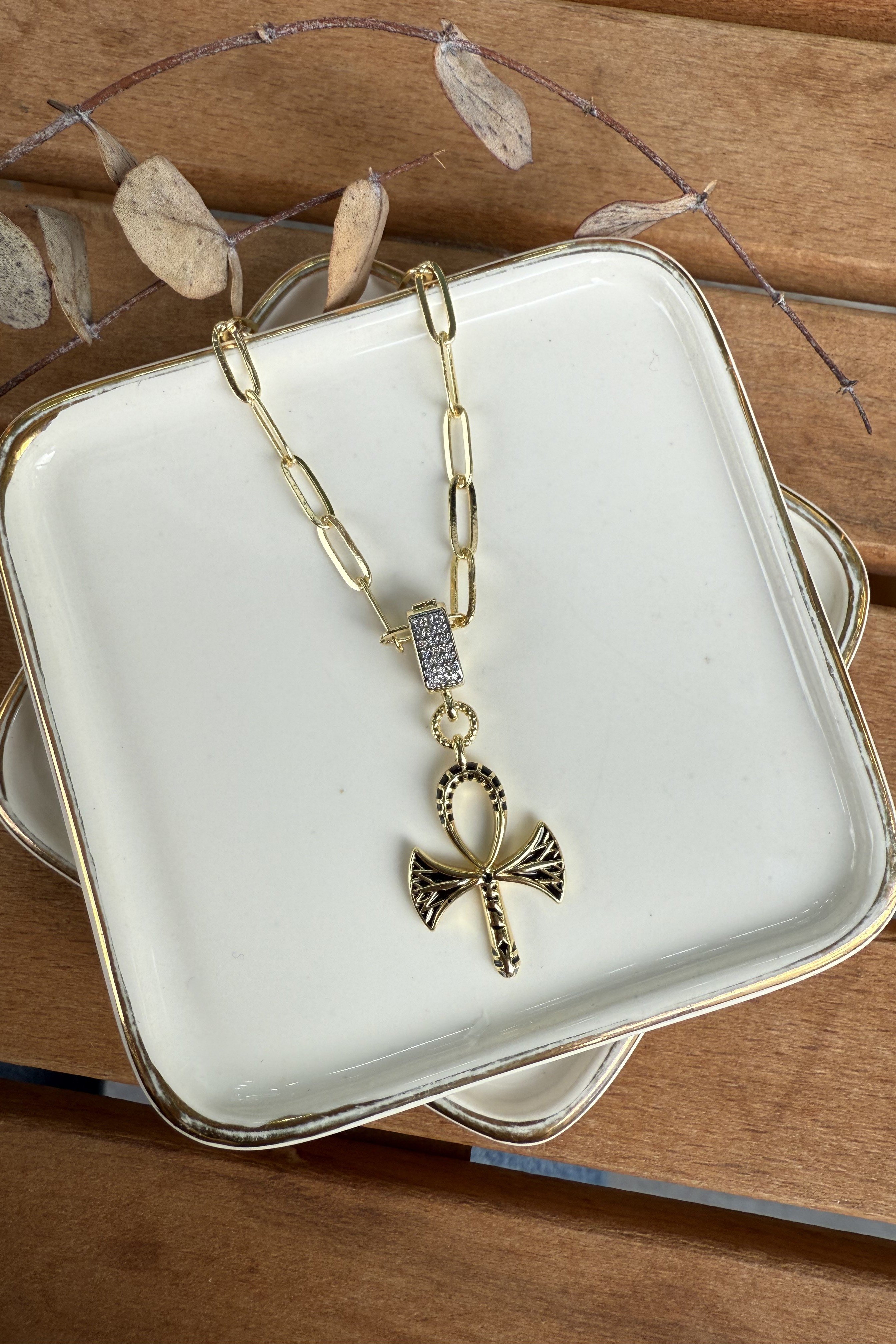 14K Altın Kaplama Ataç Zincirde Ankh Kolye 50cm