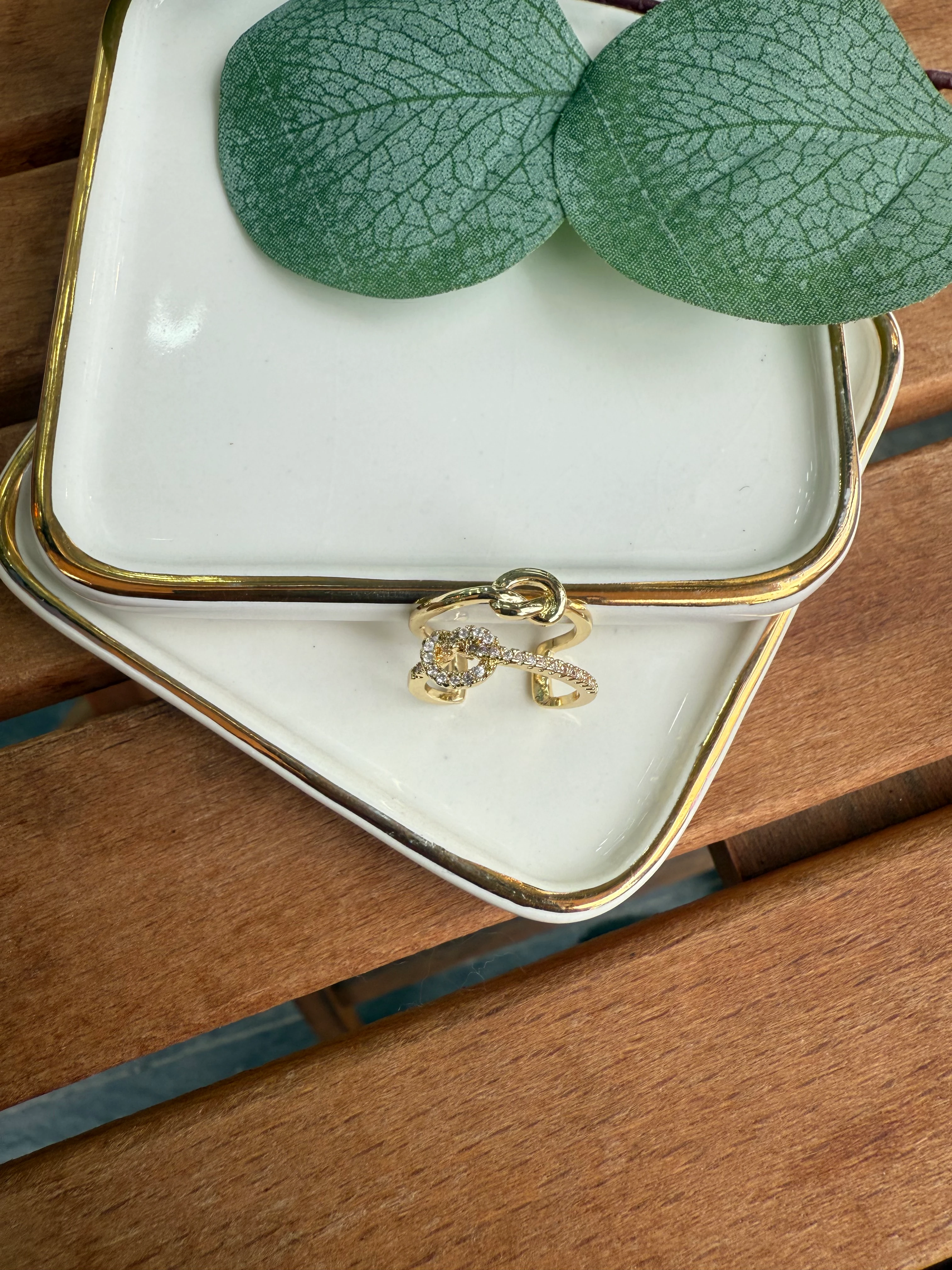 14K Altın Kaplama İkili Taşlı&Taşsız Düğüm Yüzük