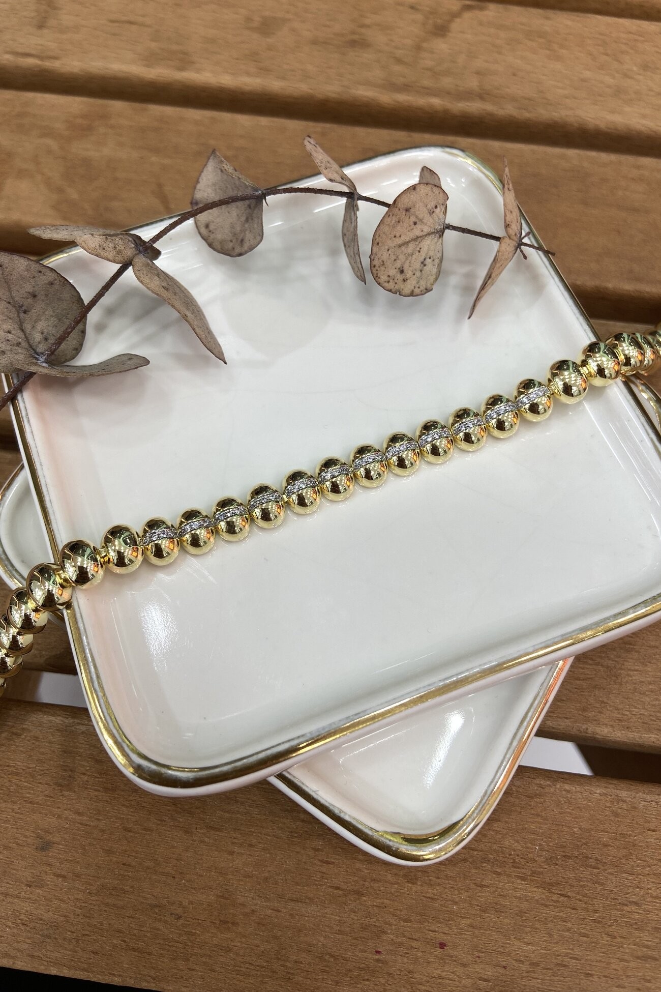 14K Altın Kaplama Ortası Taşlı Plakalar Bileklik 19cm