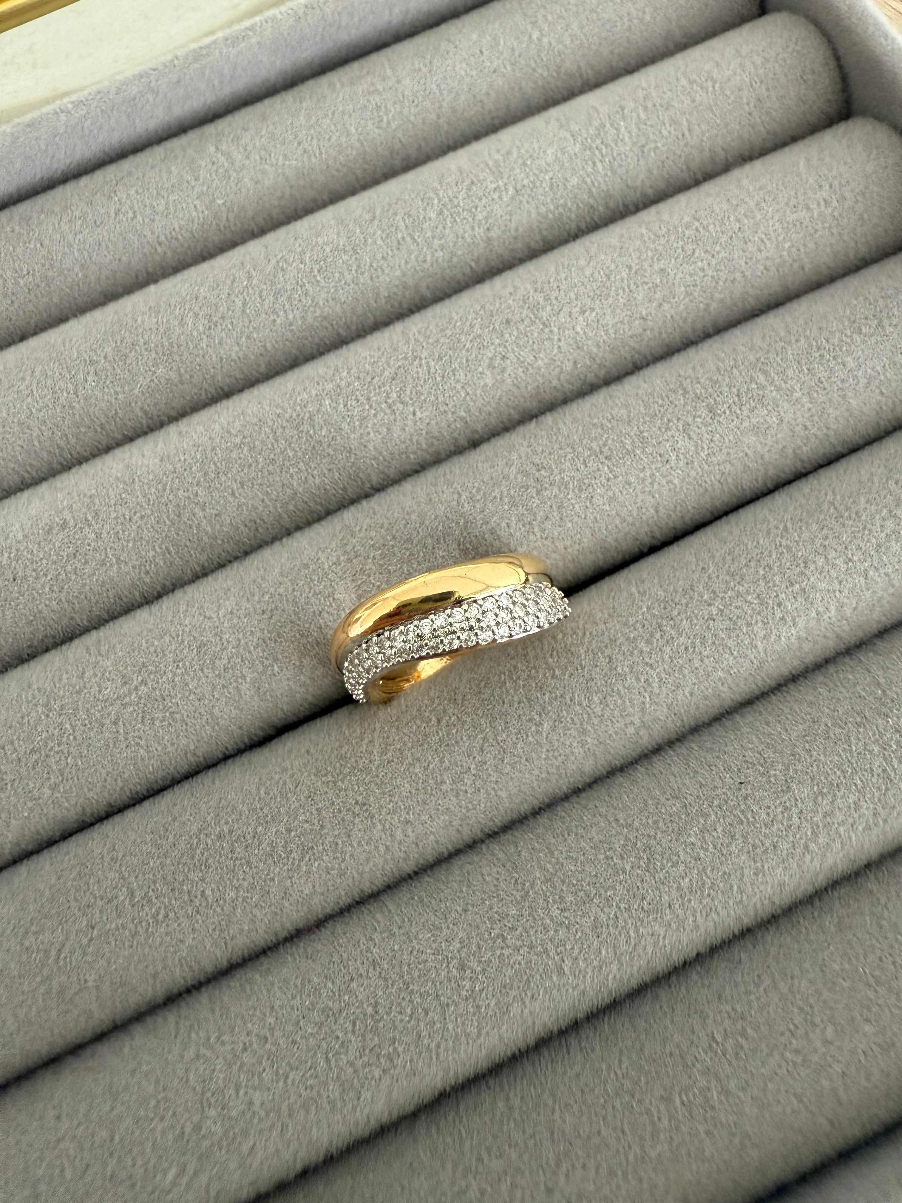 14K Altın Kaplama Çift Sıra Taşlı, Taşsız Yüzük