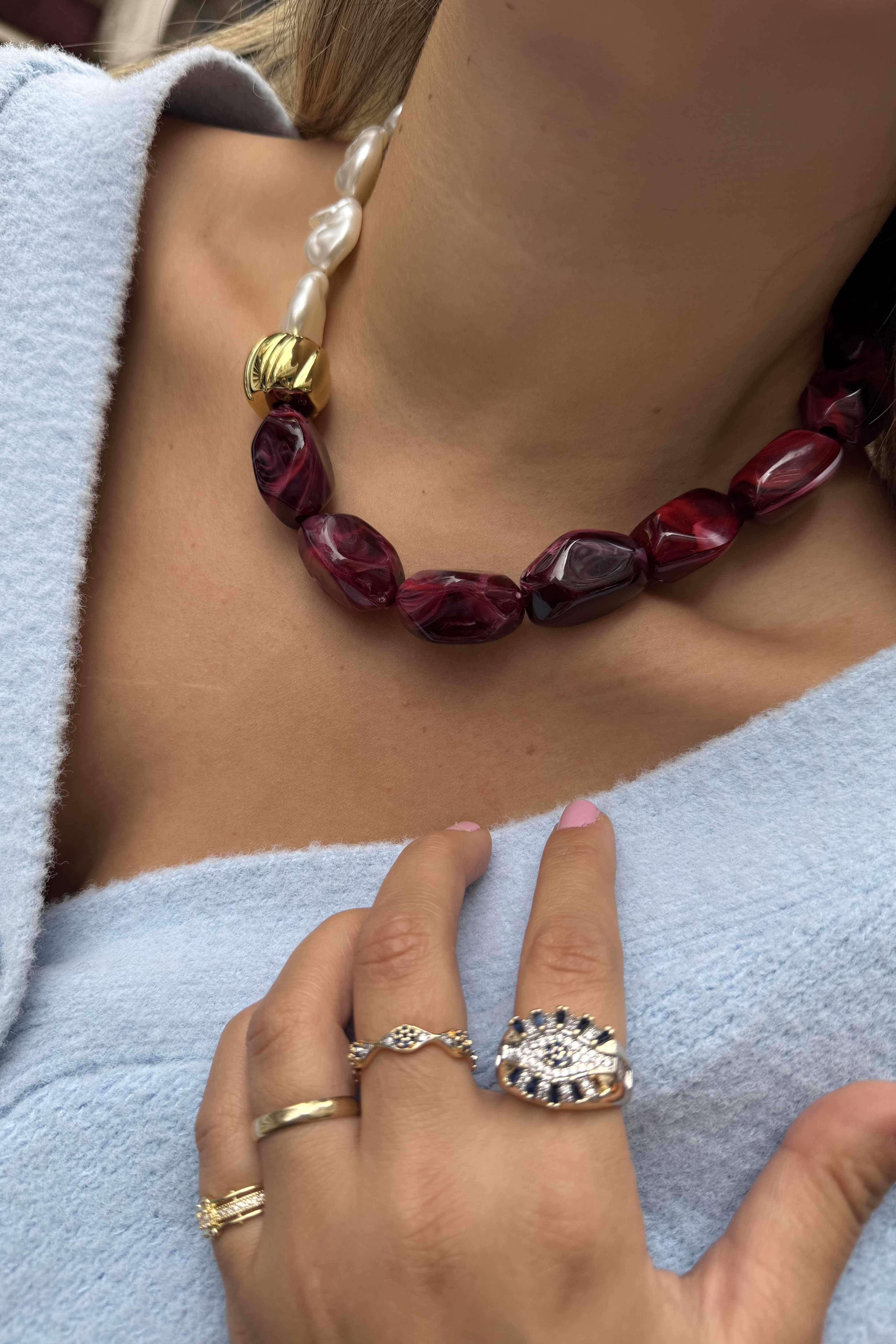 ZR Model Yarısı Bordo & İnci Kolye 45cm