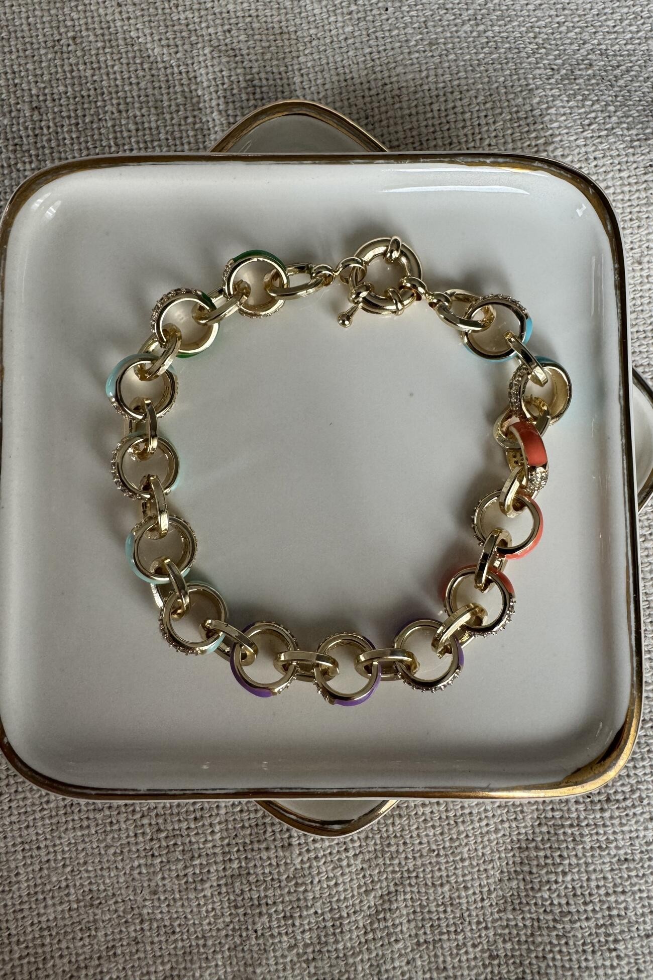14K Altın Kaplama Renkli Mineli Halka Bileklik 19cm