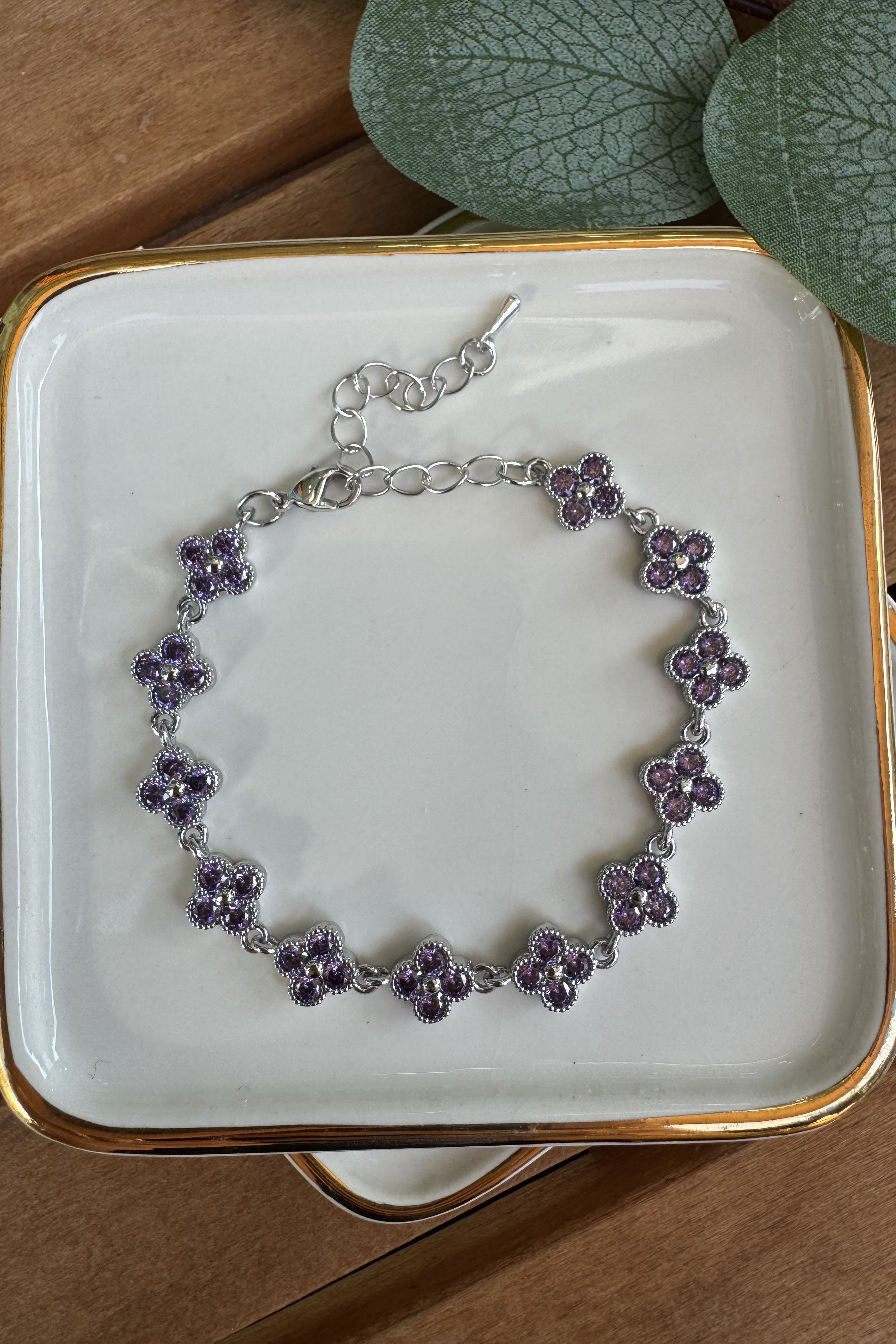 Bronz Lila Taşlı Yonca Bileklik Silver 15+6 cm